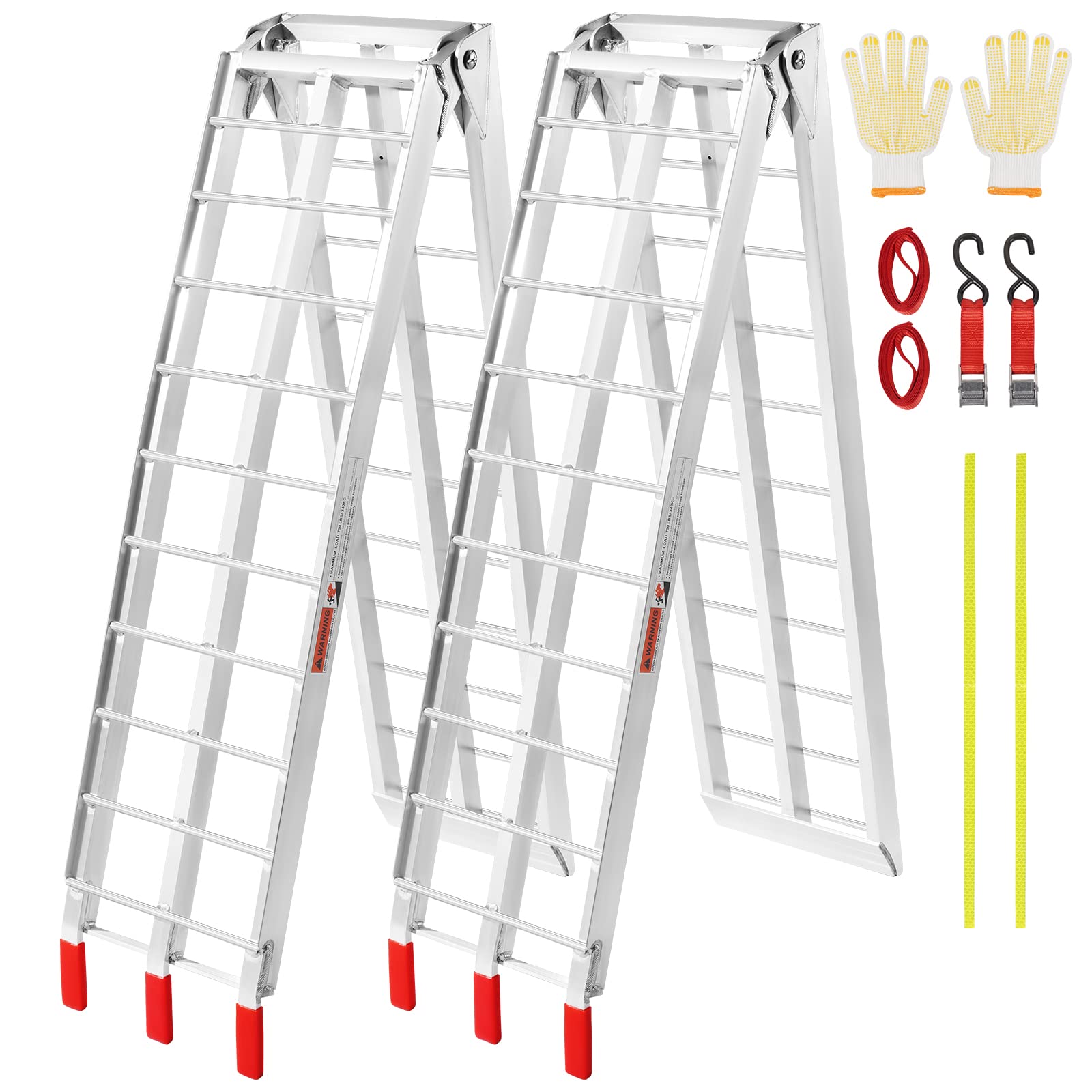 Vevor 7.5Ft Aluminum Ramps, 1500 Lbs Folding Loading Ramps (2 Pcs Set) For Pickup Trucks Bed, Trailers Ramp With Load Straps For Dirt Bike, Utv, Atv, Trucks, Lawn Mowers, Cargo Trailer, 89' L X 12' W