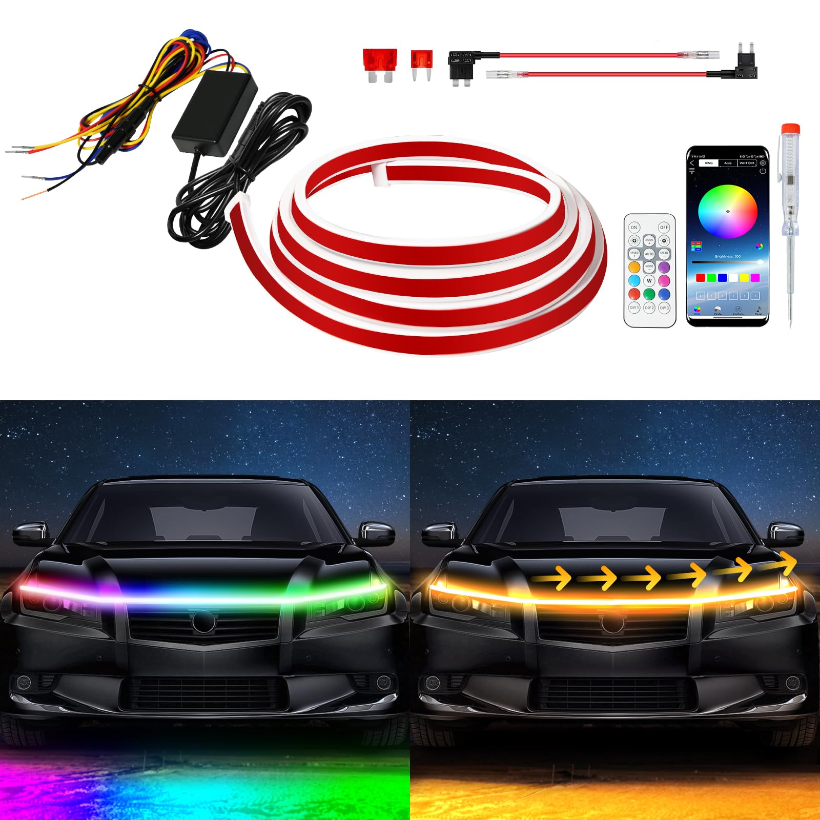 Exterior Car Led Hood Light Strip,Rgb Multicolor Dynamic Scan Start Up Hoodbeam Kit With App & Remote Control,59 Inch 12V Update