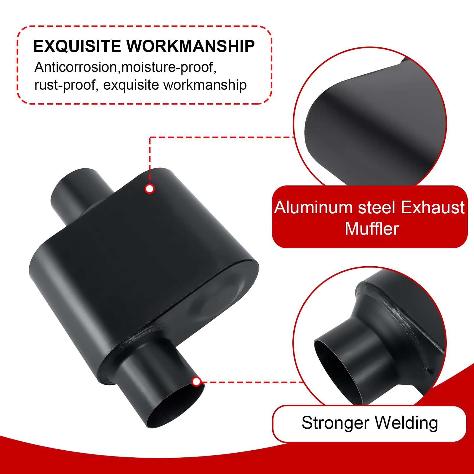 TECTRUC Exhaust Muffler - 2.25" Single Chamber Performance Muffler, Aluminum, Black, Offset In/Center Out, Overall 13"