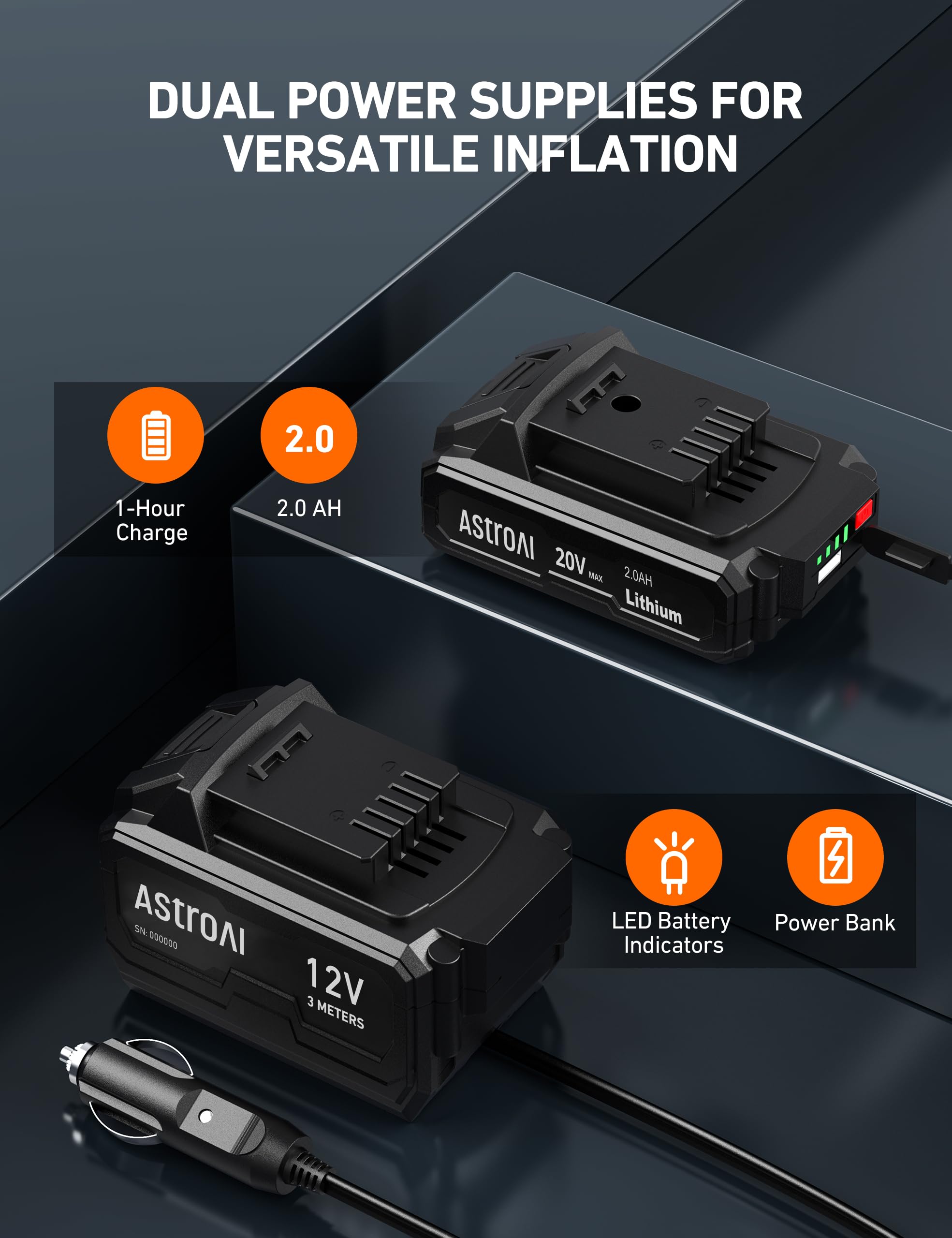 Astroai C2 Cordless Tire Inflator Air Compressor 20V Rechargeable Battery Powered 160Psi Portable Air Pump With 12V Car Power Ad