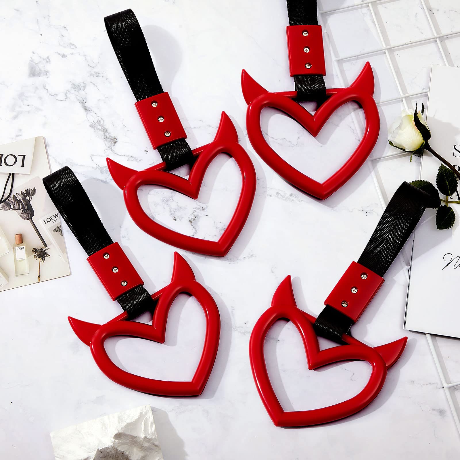 Fabbay 2 Pieces Heart Handle Keychains Car Accessory Heart Hand Strap Drift Charm For Car Interior Exterior Decoration(Red,Devil