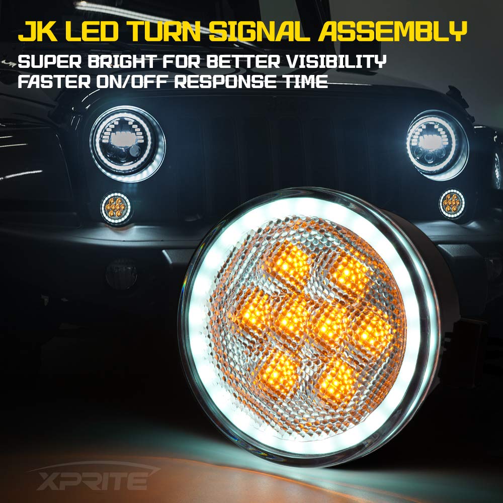 Xprite Led Turn Signal Lights With White Halo, Plug & Play Front Grille Parking Lights Compatible With 2007-2018 Jeep Wrangler J