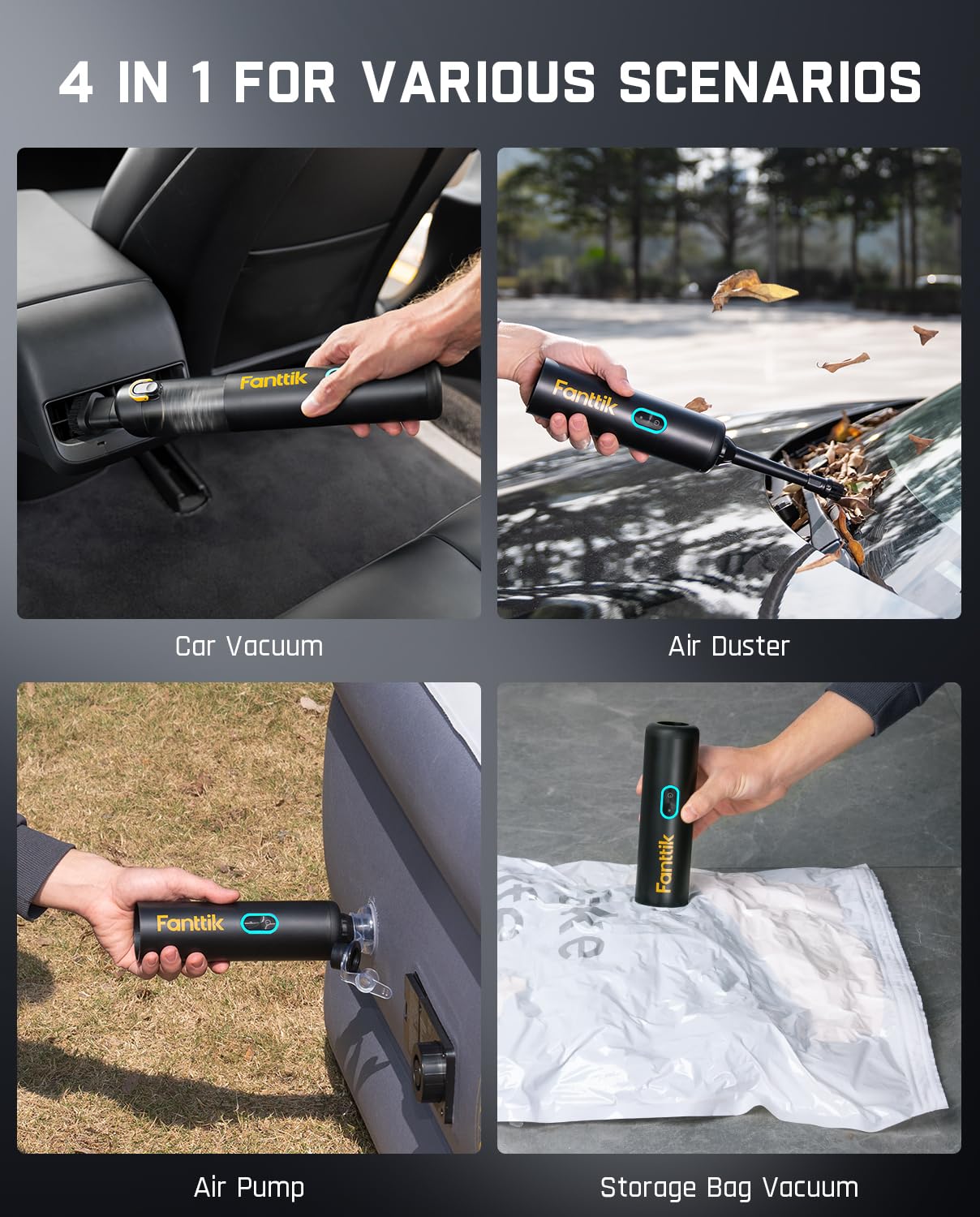 Fanttik V8 Apex Cordless Car Vacuum - 19000pa Suction, Type-C Charge, 4-in-1, Portable, Handheld, Black