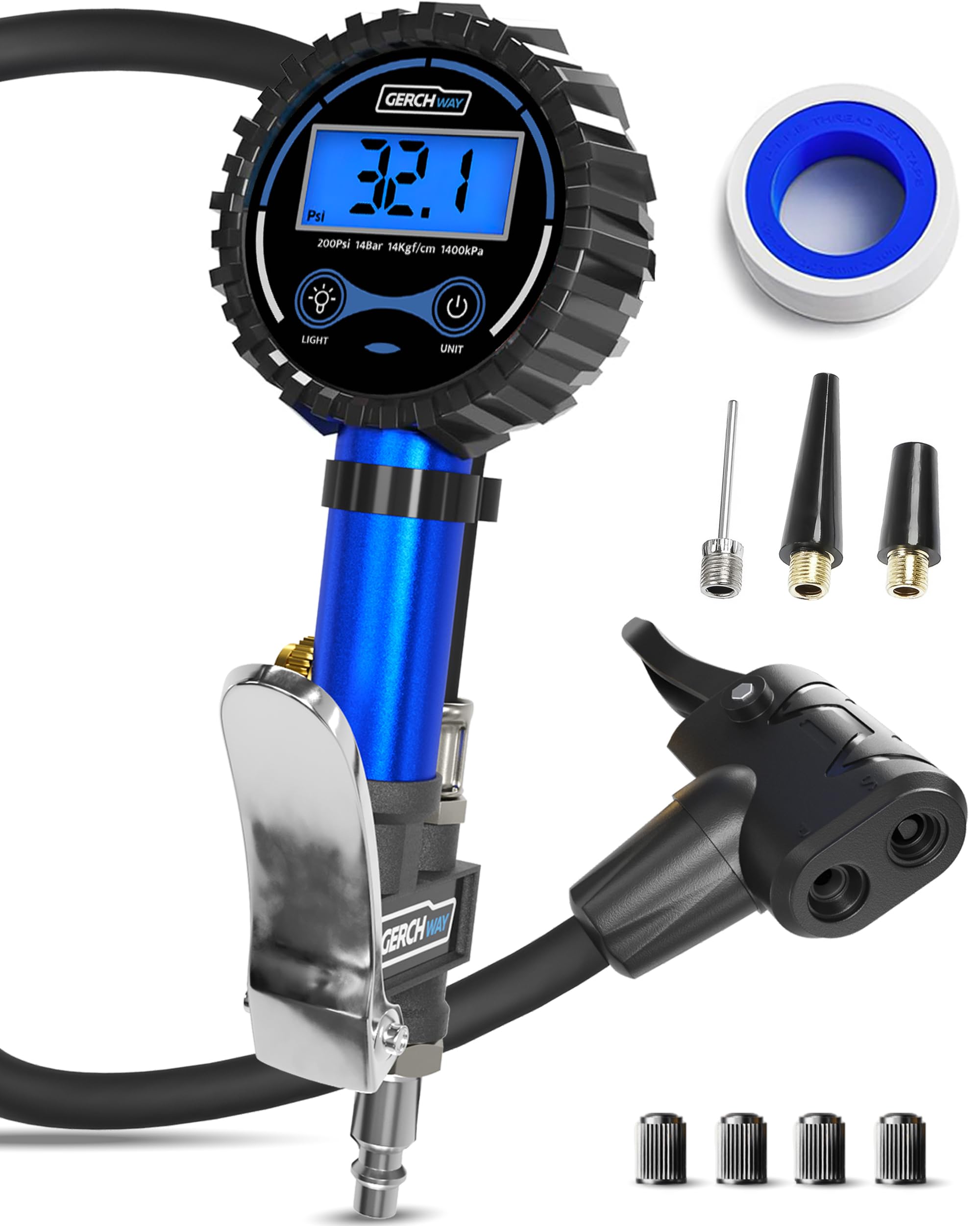 GERCHWAY Presta Valve Air Chuck - Digital Bike Tire Inflator with Pressure Gauge - Schrader to Presta Valve Adapter for Air Comp
