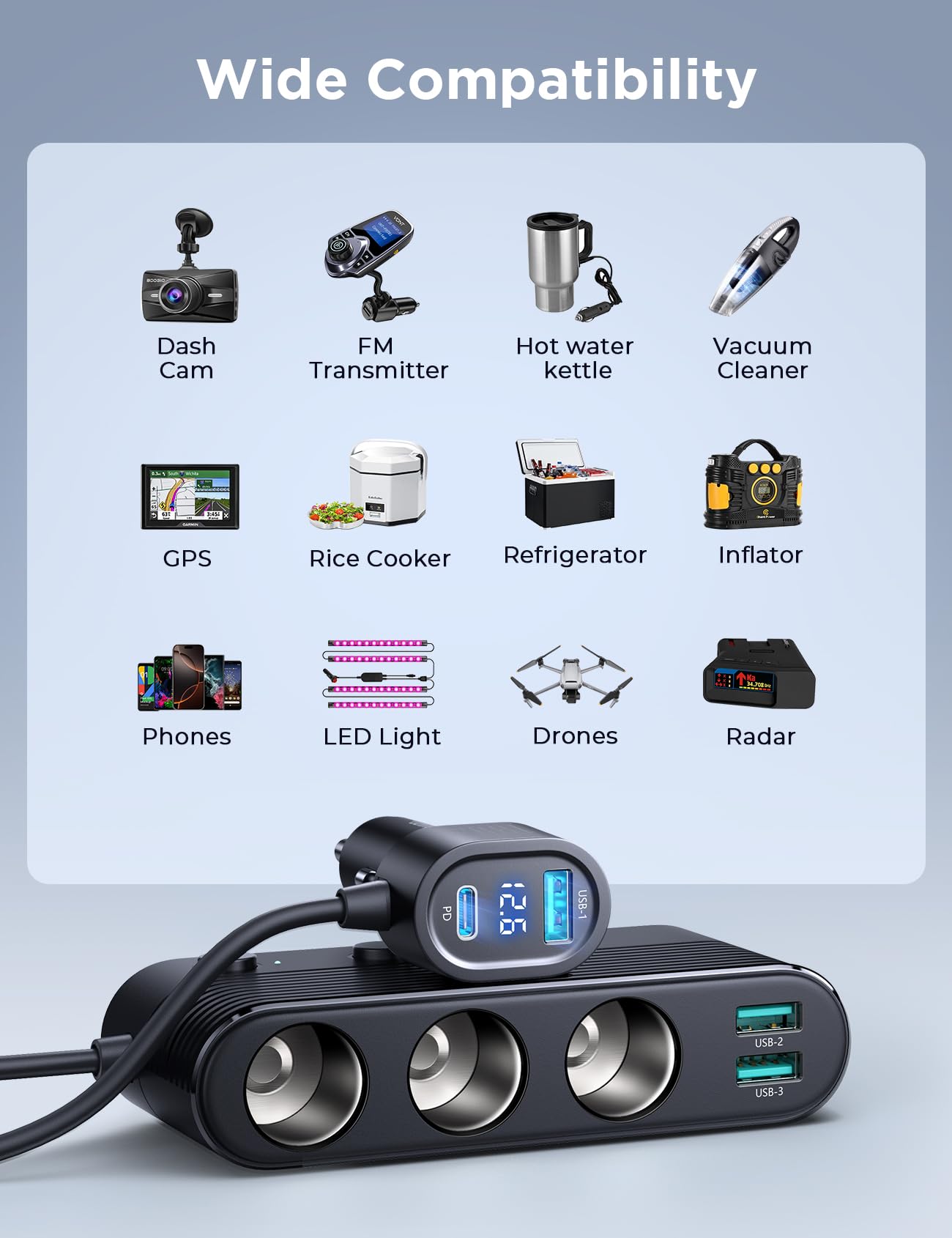 7 in 1 Cigarette Lighter Splitter, JOYROOM 139W Car Charger Adapter with PD30W Charge(3.3FT Cable), 24V/ 12V Car Splitter Adapte