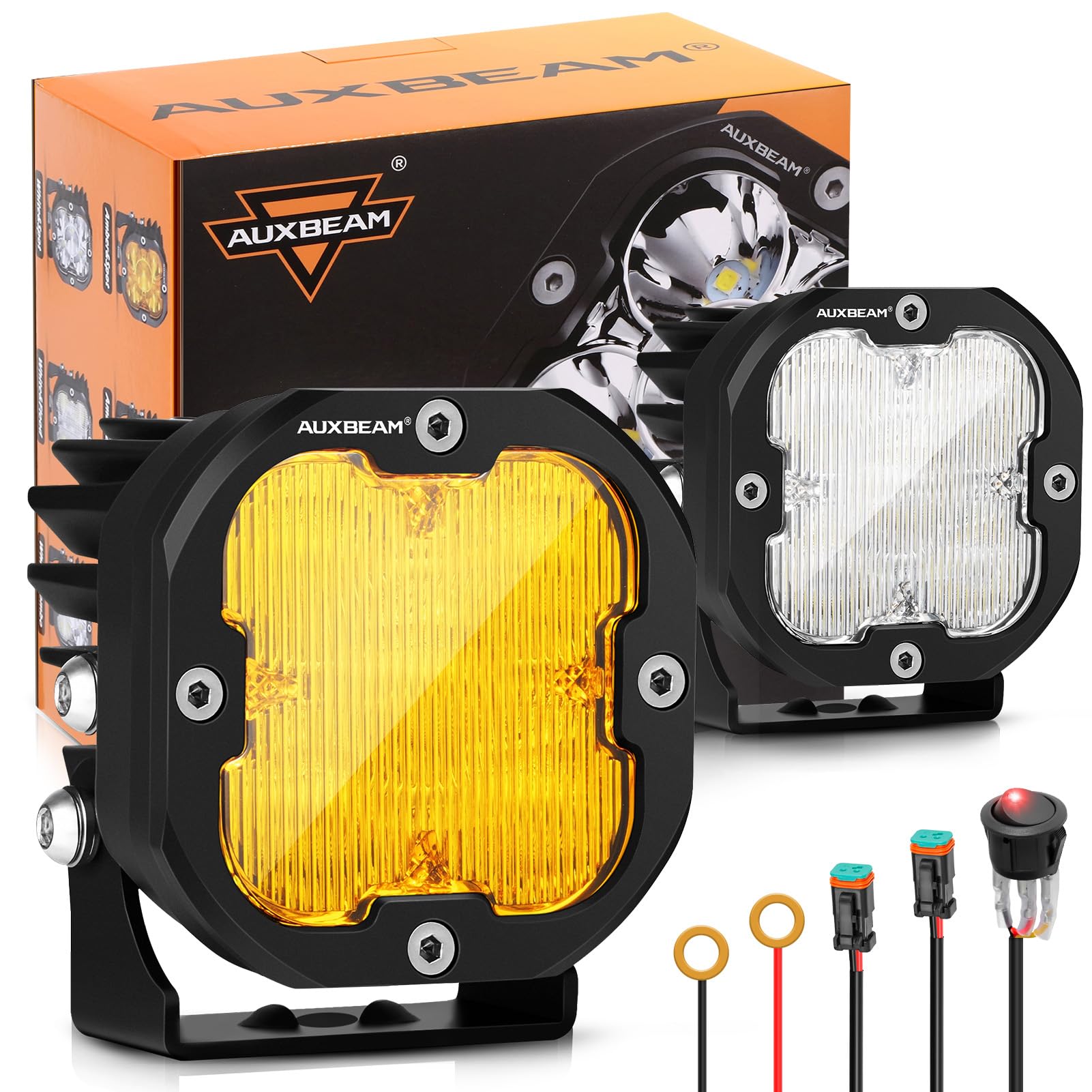 Auxbeam Xp-Ultra Series 3 Inch Flood Beam Led Pods, 80W 9600Lm 120 Wide Flood, Amber/White Lens Covers, Off Road Fog Light Bar L