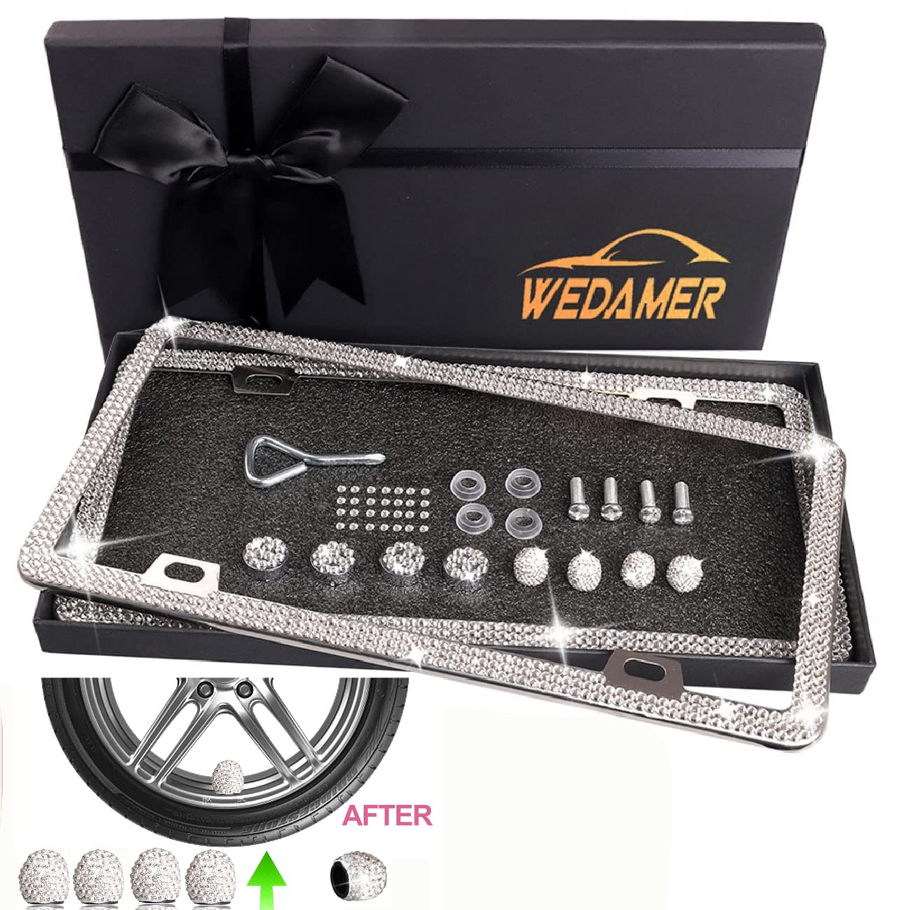 Wedamer 2 Pack Bling License Plate Frames For Women, Sparkly Rhinestone License Plate Frame Diamond License Plate Frame Glitter