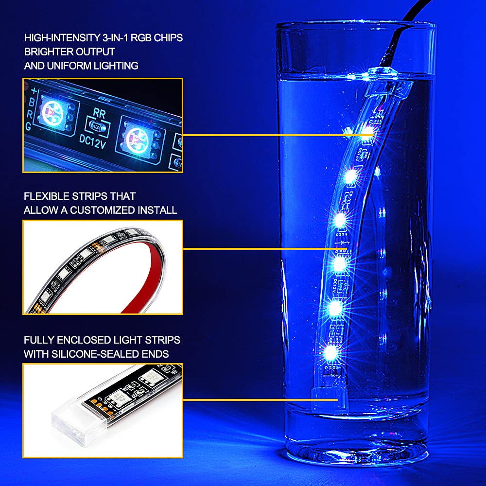 Xprite Motorcycle RGB LED Light Kit Waterproof w/Wireless Remote Control Underglow Neon Lights Strips Red Brake Lamp Function fo
