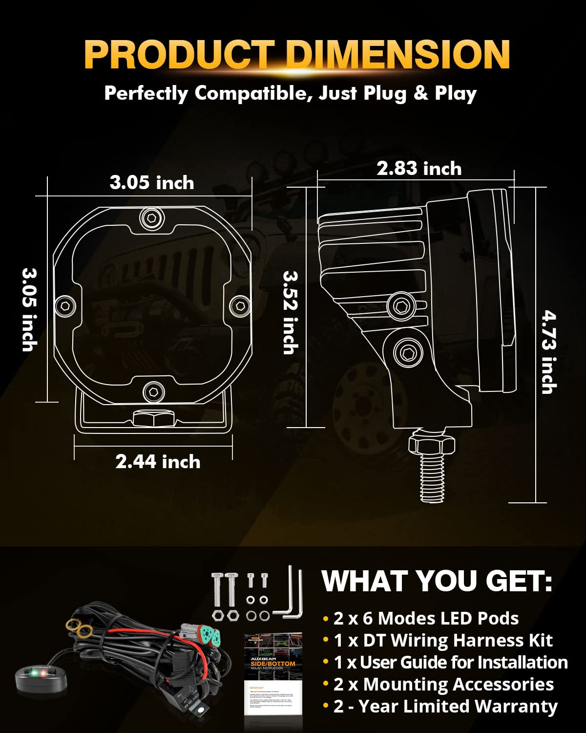 Auxbeam XP-Ultra 3" 96W Amber White LED Pods - 6 Modes Offroad Strobe Spot Flood Combo Lights, Model ZD000713-VE, Pair
