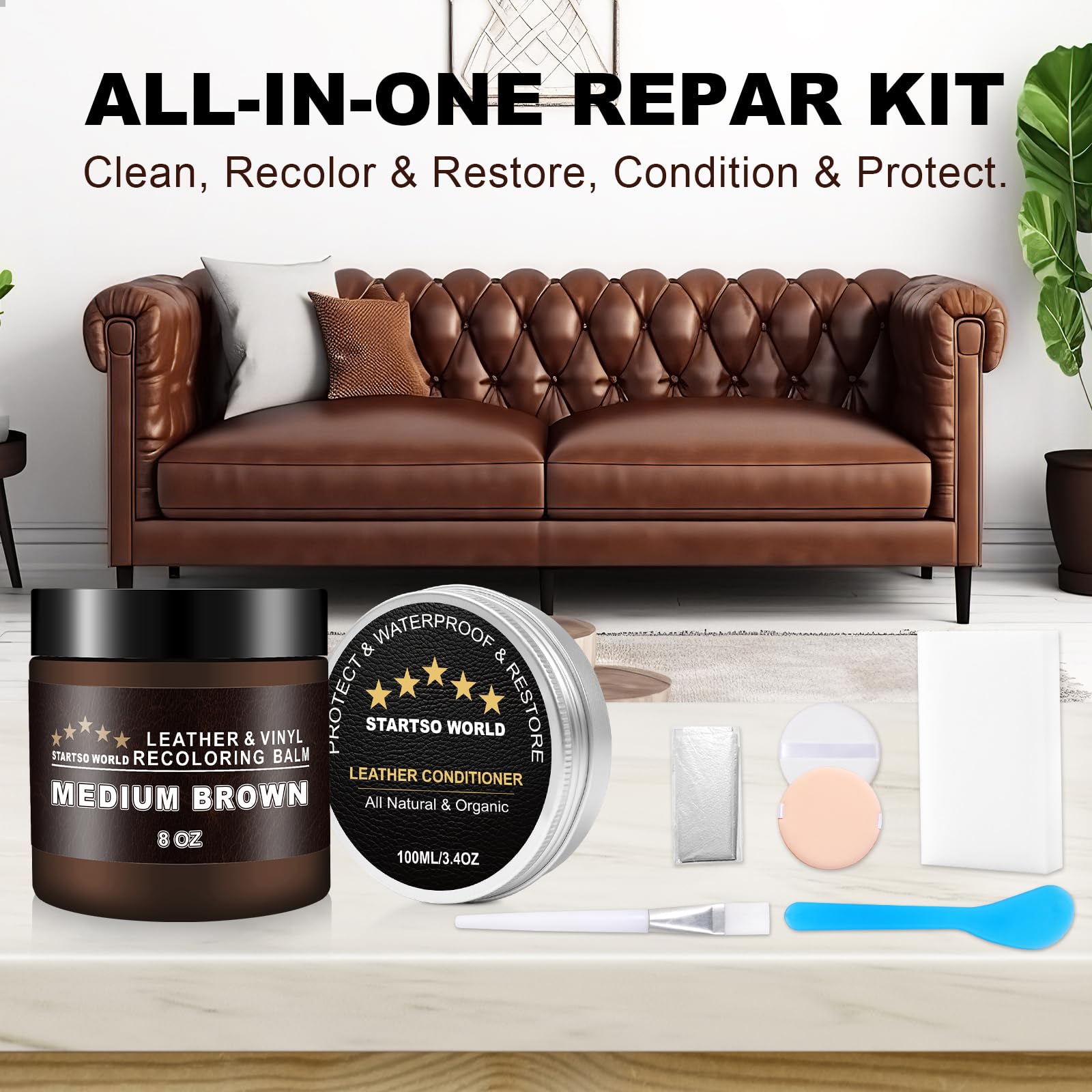 STARTSO WORLD Leather Repair Kit - 200ml Recoloring Balm & 100ml Conditioner, Medium Brown, for Furniture & Couch Scratch Repair