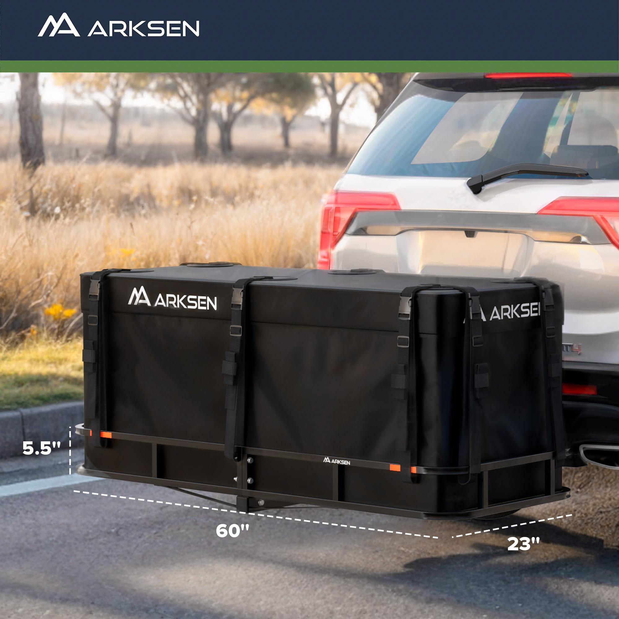 Arksen 60 X 23 X 5.5 Inch Folding Hitch Cargo Carrier With Cargo Bag & Net, 2 Ratchet Straps, Hitch Stabilizer, 500 Lbs Capacity