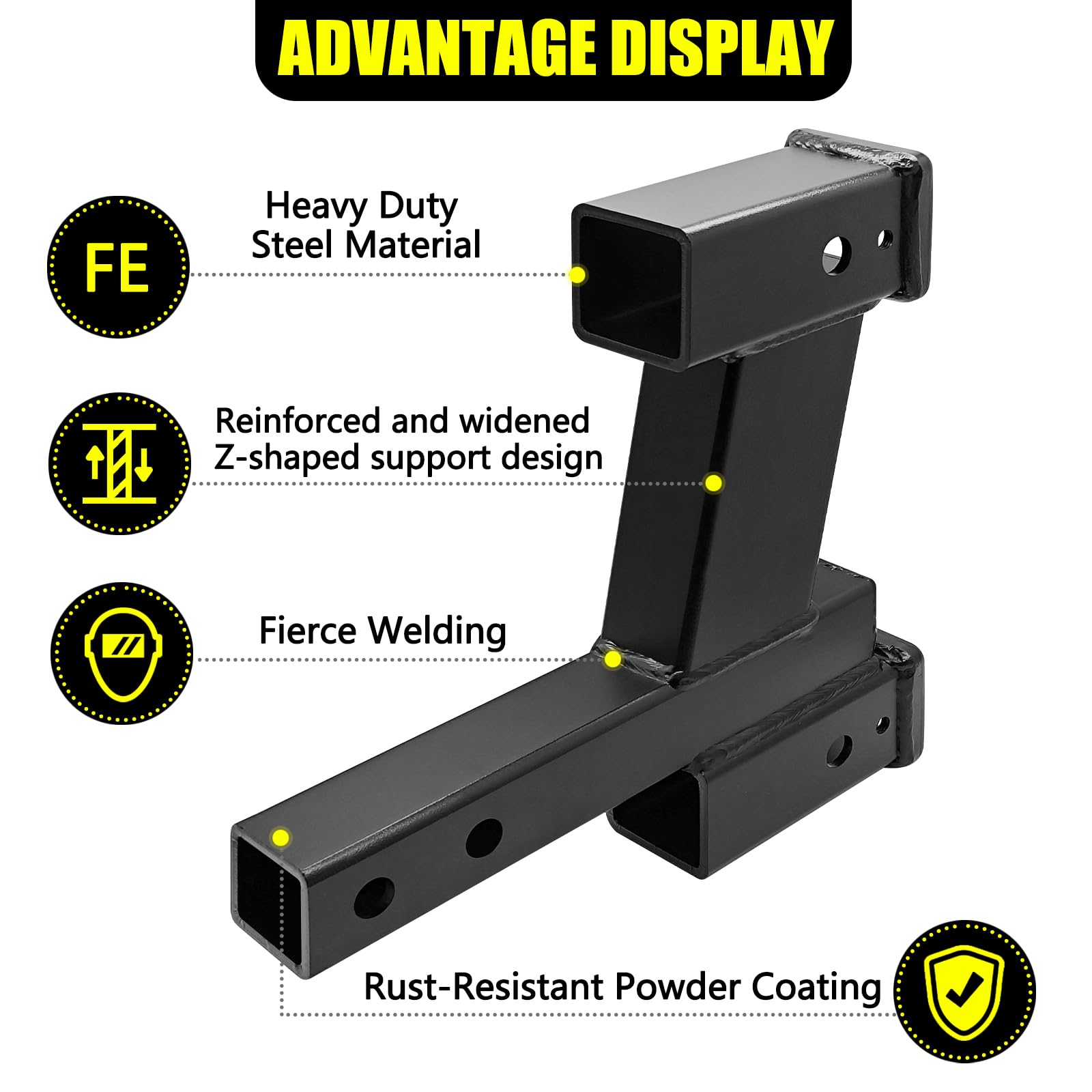 KAIRAY Trailer Dual Hitch Extender Adapter, 2" & 8" Rise/Drop, 10000lbs Capacity, Y-shaped 2" Receiver, Model HY0055, Black