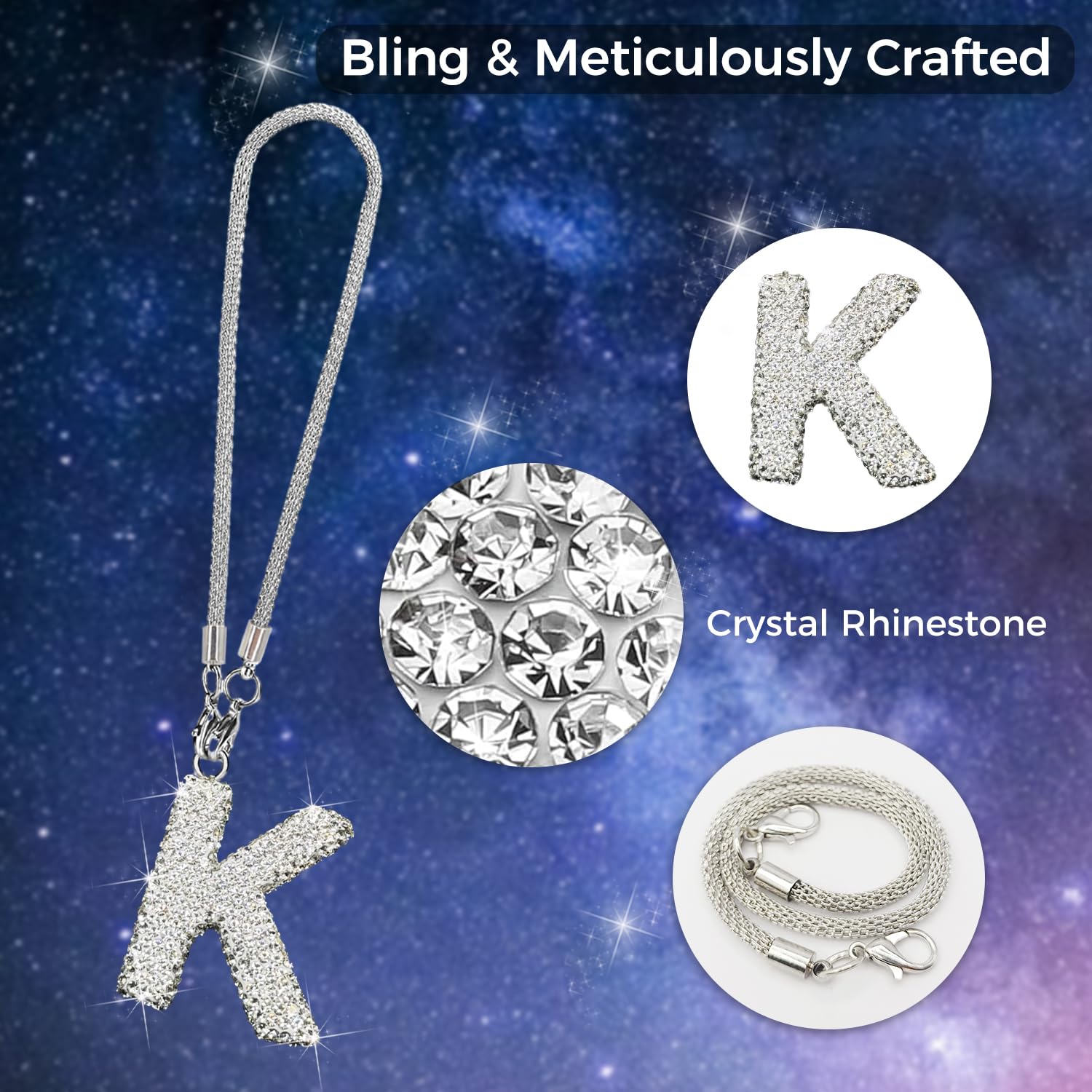 Hitluste Bling Car Letter Charm Pendant, Crystal Rear View Mirror Ornament, Alloy, White K, Model EL-K-1PC-W