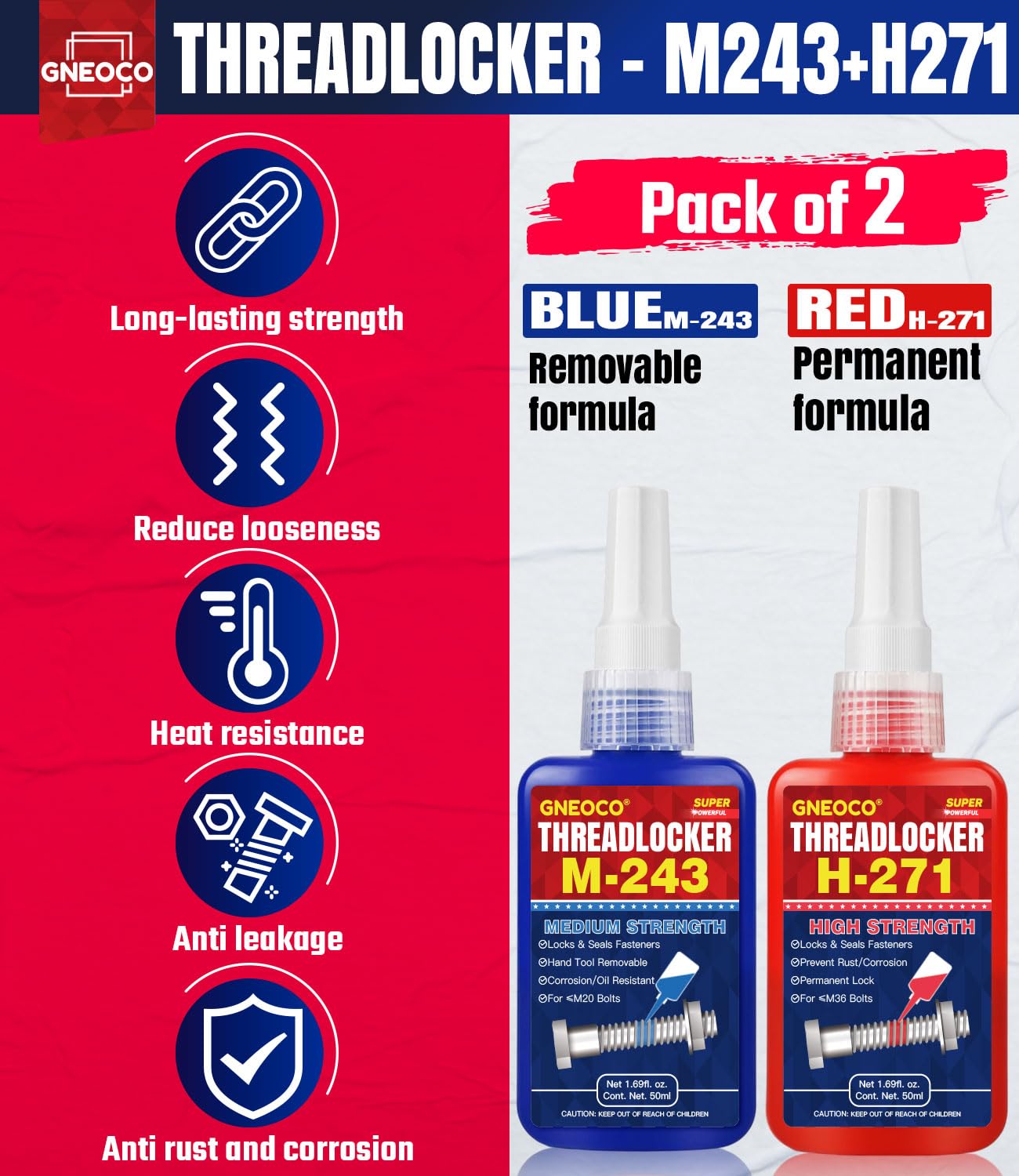 GNEOCO ThreadLocker Medium High Strength Lock Tight, 100ml, Blue, Model M243 H271 for Nuts, Bolts, Fasteners, and Metals