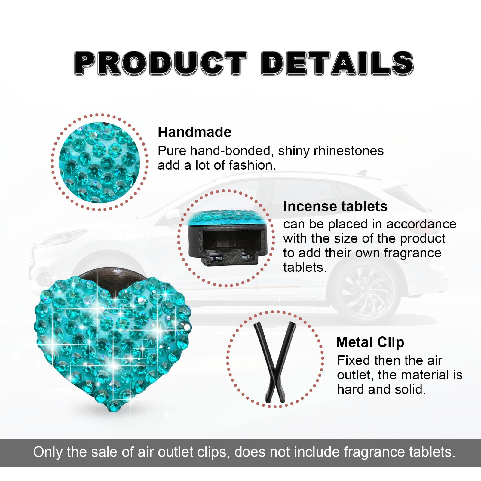 2Pcs Car Air Vent Clip, Bling Crystal Heart Charms Car Air Vent Clips, Car Air Conditioning Outlet Clip Decorative, Car Interior
