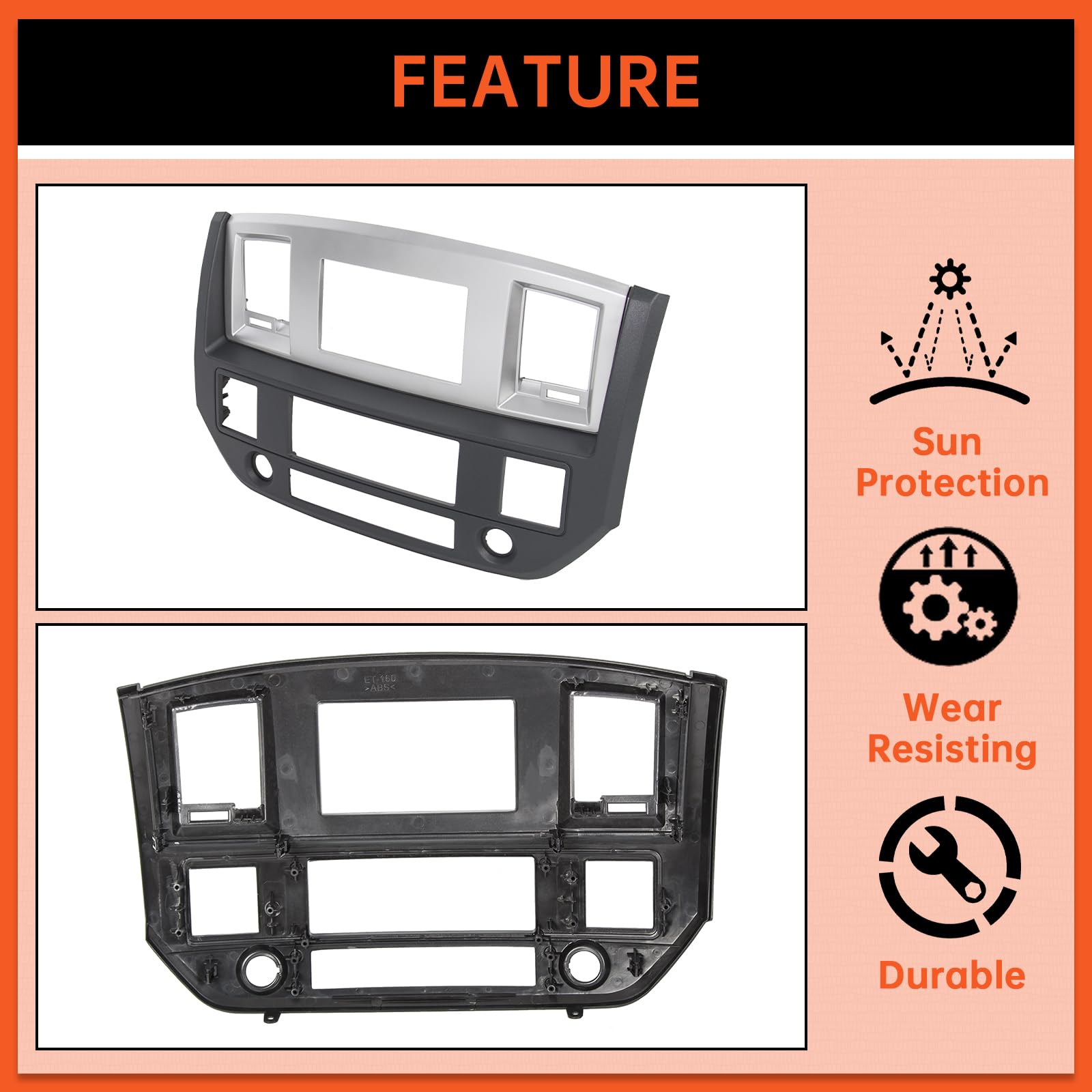 ECOTRIC Double Din Dash Install Bezel Kit for 2006-2009 Dodge Ram, Silver Slate Gray, ABS, Model VC-LYAP-328
