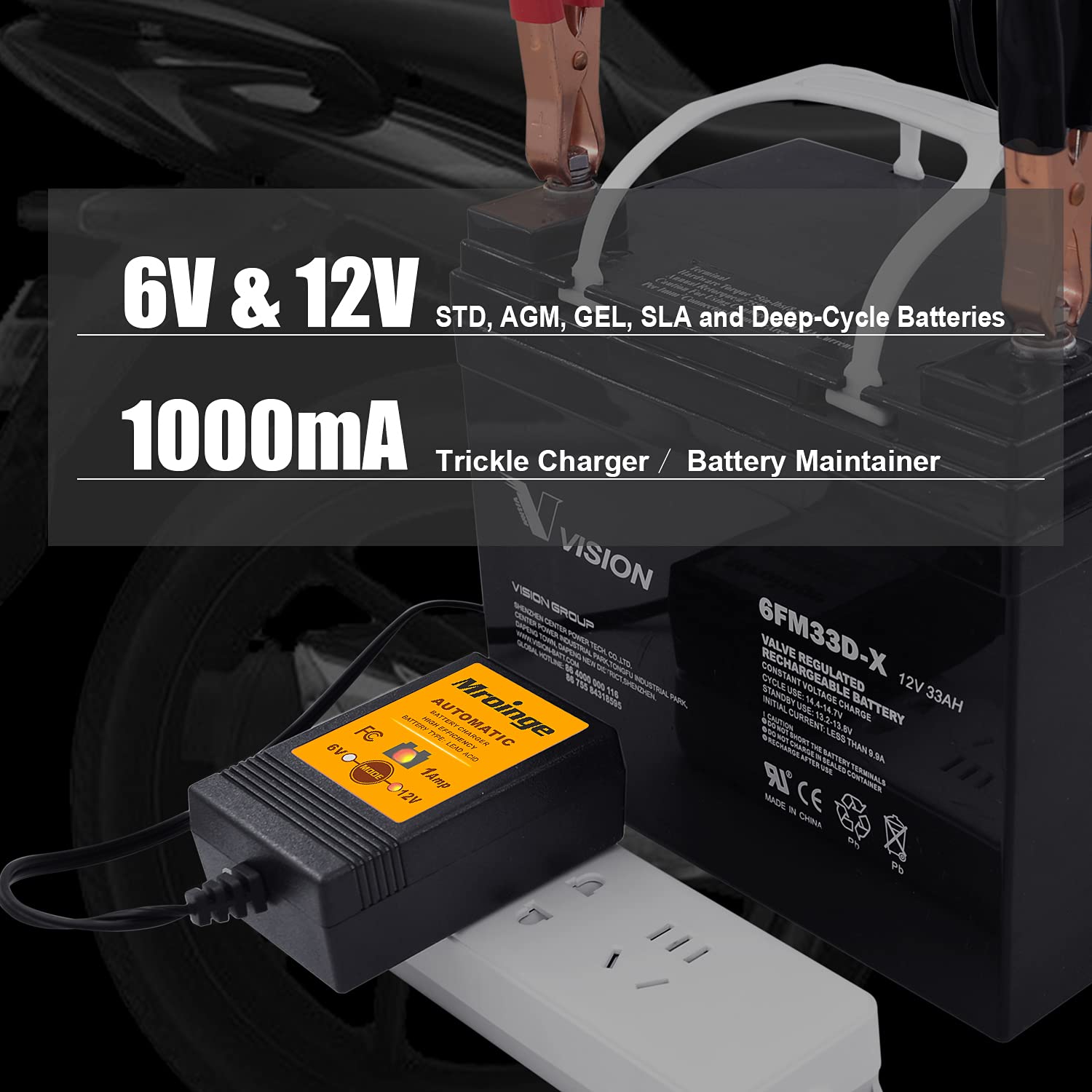 Mroinge Mbc016, 6V / 12V 1A Fully Automatic Trickle Battery Charger/Maintainer For Automotive Vehicle Motorcycle Lawn Mower Atv