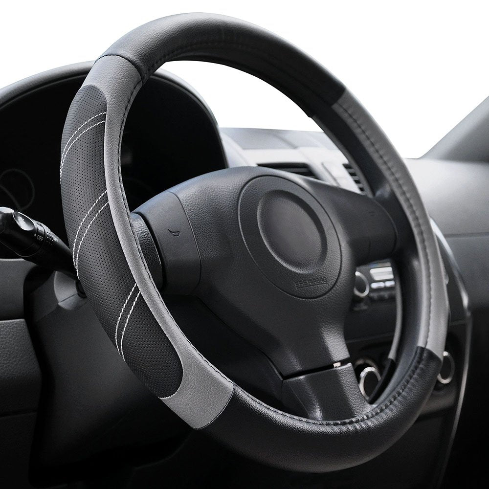 Elantrip Sport Leather Steering Wheel Cover 14 1/2 Inch To 15 Inch Universal, Padded Soft Grip Breathable For Car Truck Suv Jeep, Anti Slip Odorless Black And Gray