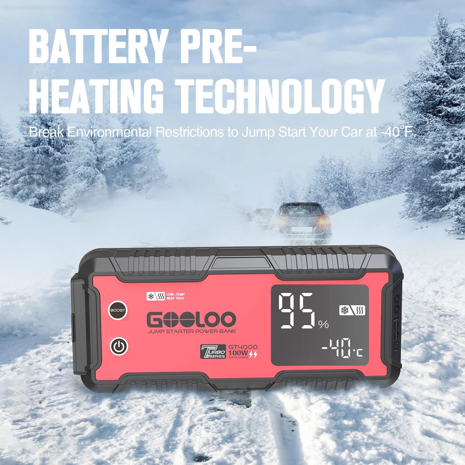 GOOLOO GT4000 Car Jump Starter 4000A 26800mAh Portable Battery Booster -40℉ Pre-Heating, Red