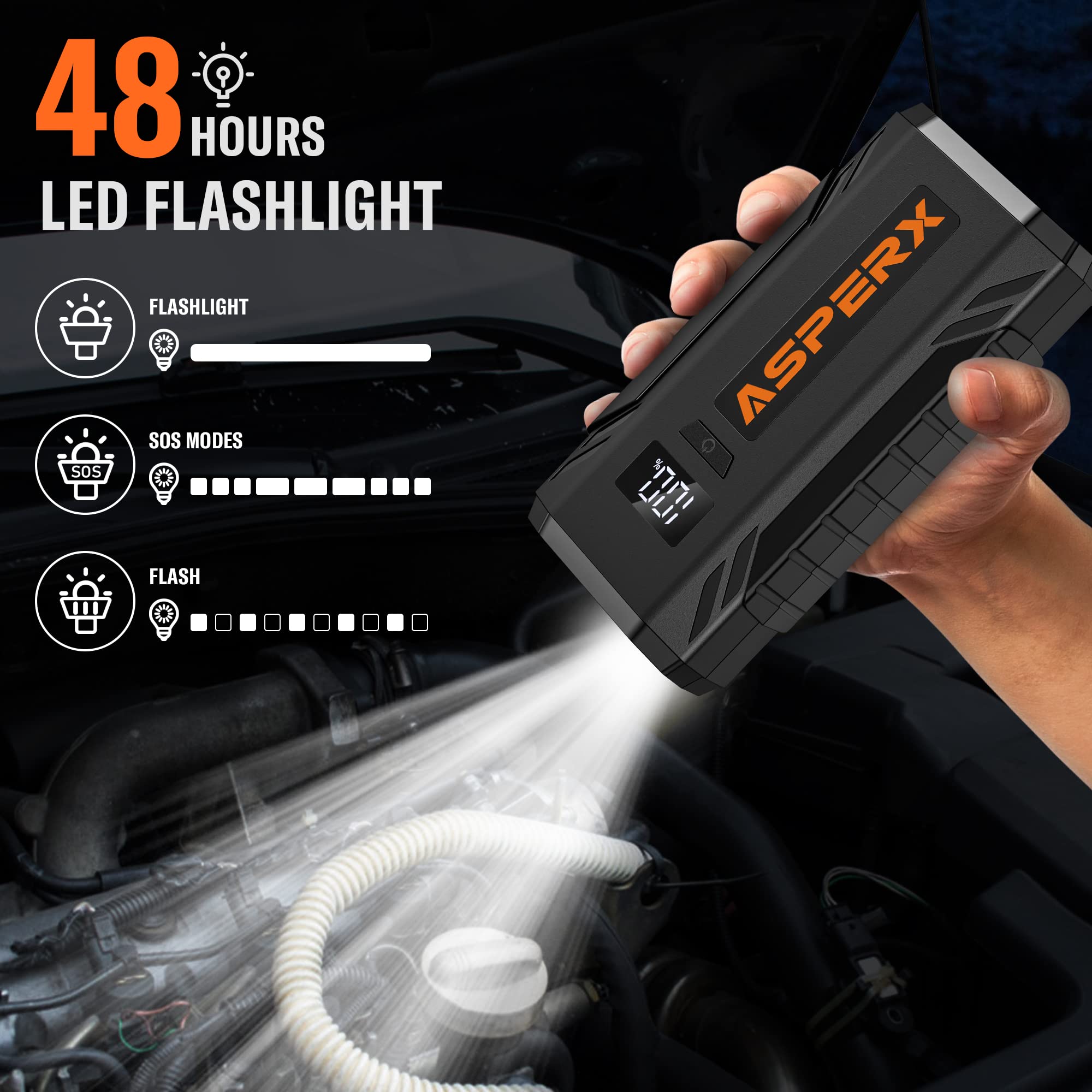 AsperX 2000A Car Jump Starter for 7.0L Gas/5.5L Diesel Engines, 12V Portable Power Pack with LCD Display, Black, Model AX-150