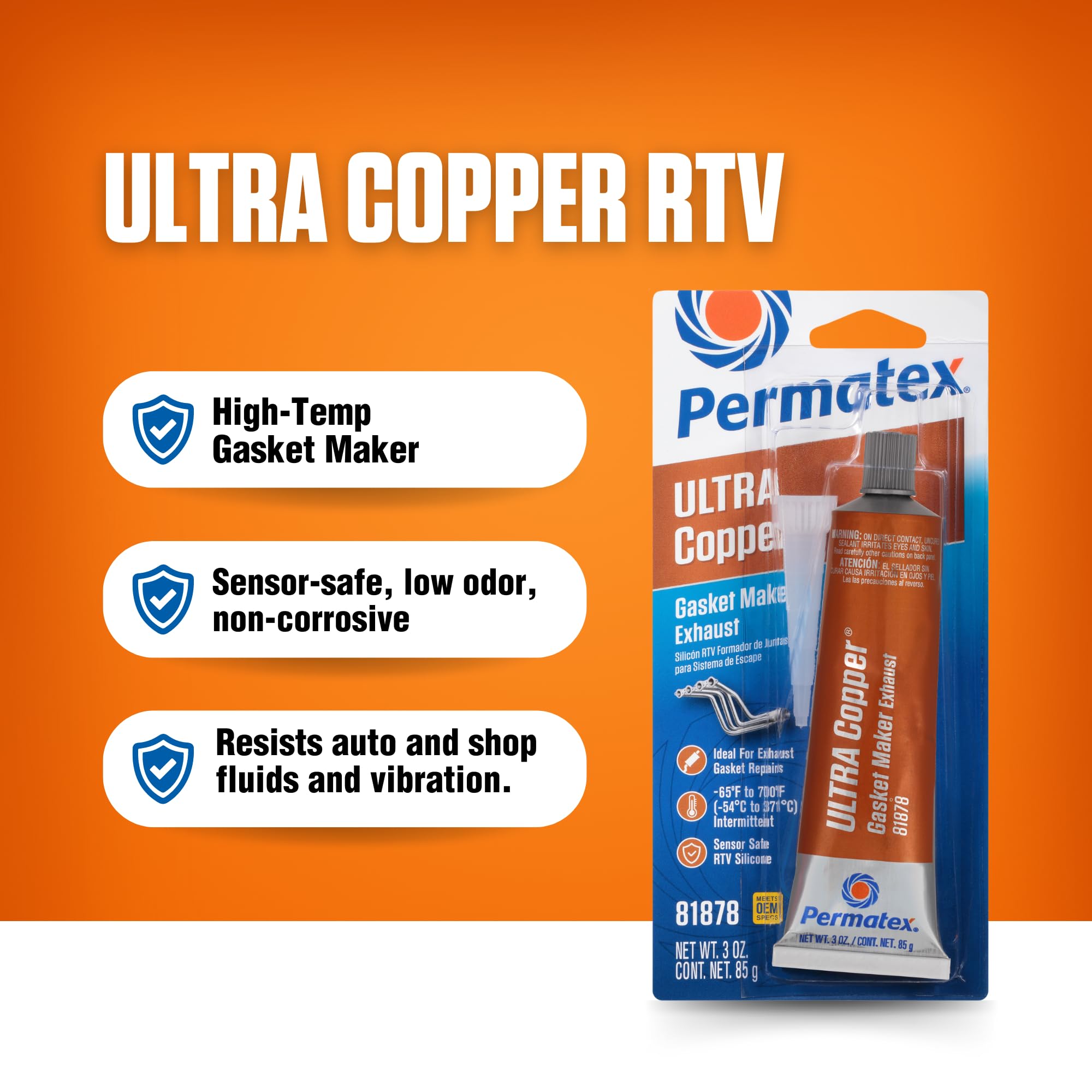 Permatex Ultra Copper RTV Silicone Gasket Maker, 3 oz. (Pack of 12), High Temp, Model 81878-12PK