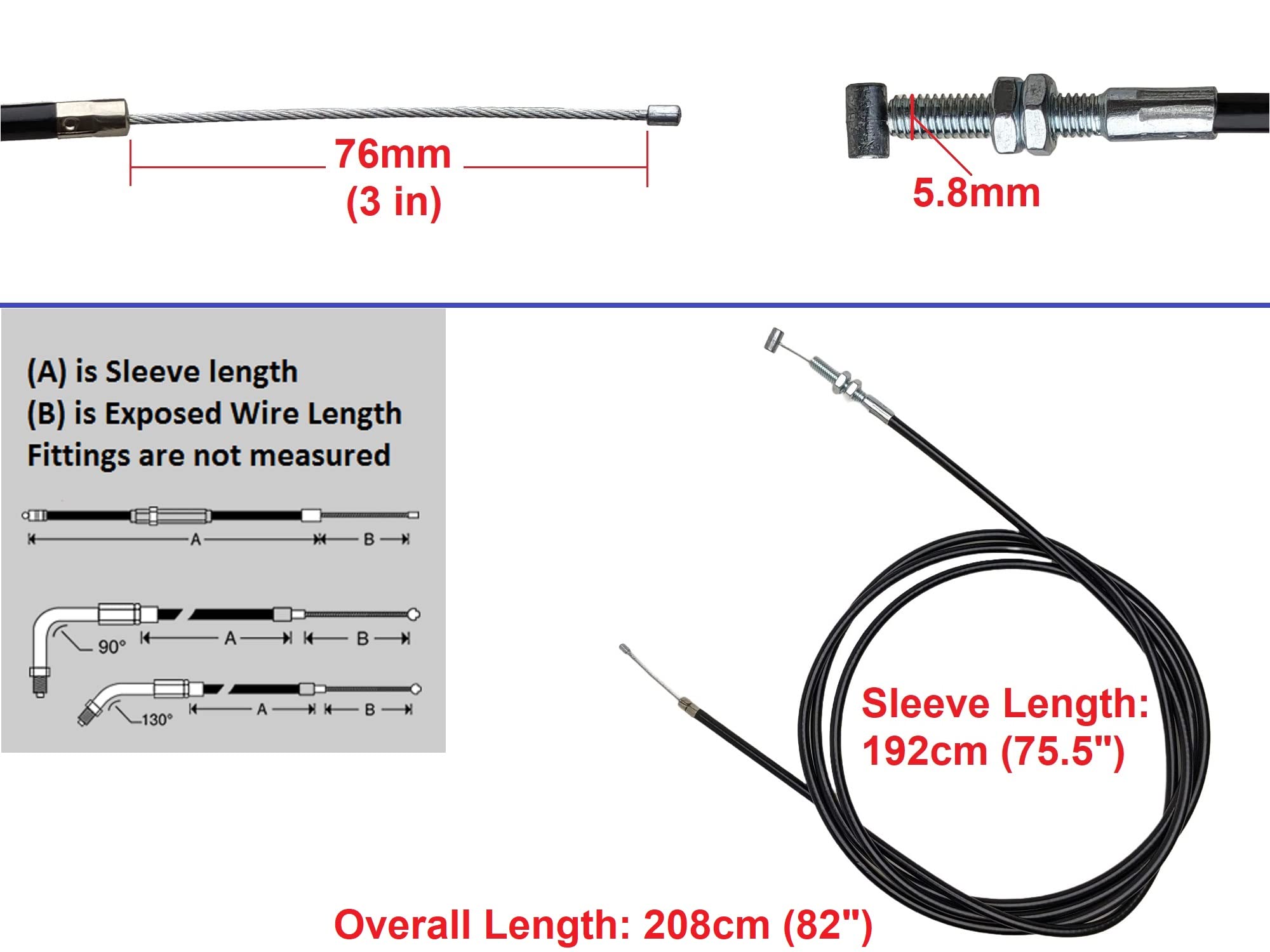 RedCap 75'' inch Universal Straight Throttle Cable for 90cc 110cc 125cc Gas Scooter, Go Kart, Kandi, Mini Bike, Dirt Bike Buggy