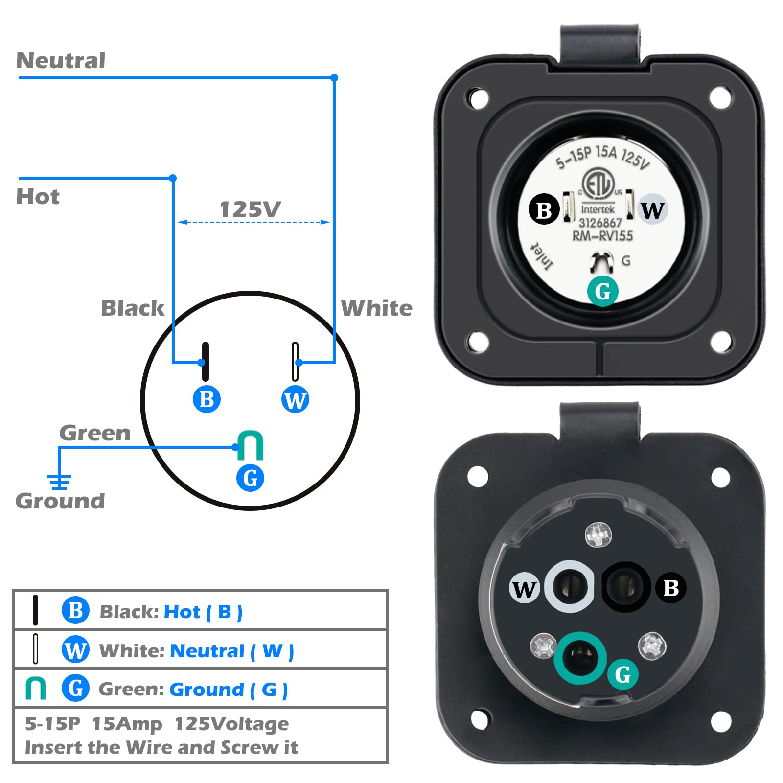 15 Amp Shore Power Inlet, EilxMag 125V Flanged Inlet Power Inlet Port Plug NEMA 5-15P RV Electrical Outlet with Integrated 18''