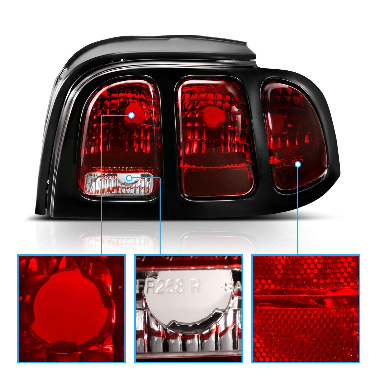 AmeriLite Brake Tail Lights Set for 1994-1998 Ford Mustang - Black Housing, Dark Red OE Style, Driver & Passenger Side