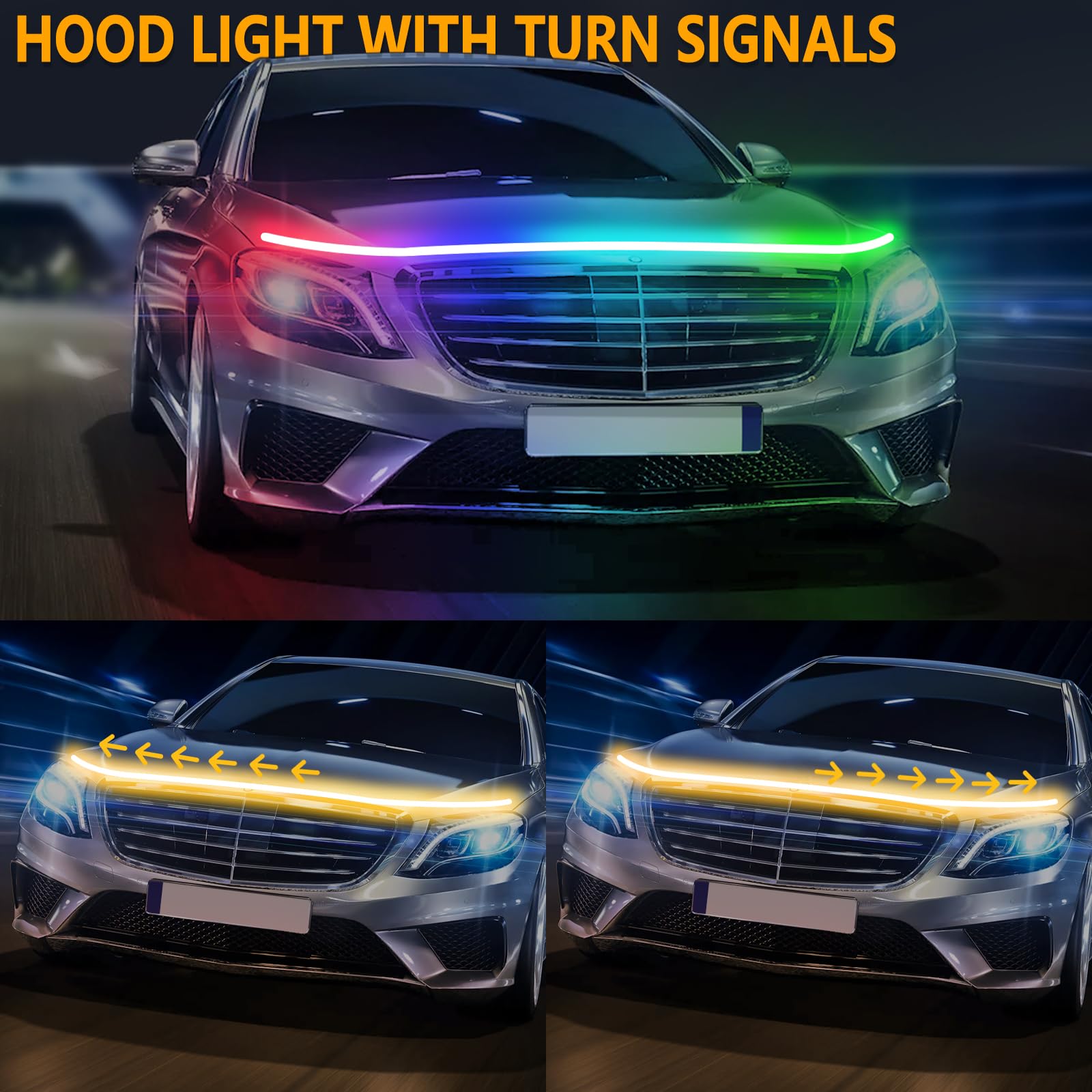 Hconce 79 Inches Rgb Multicolor Dynamic Scanning Starter Hood Lights, Car Led Hood Light Strip, Exterior Flexible Headlight Wate