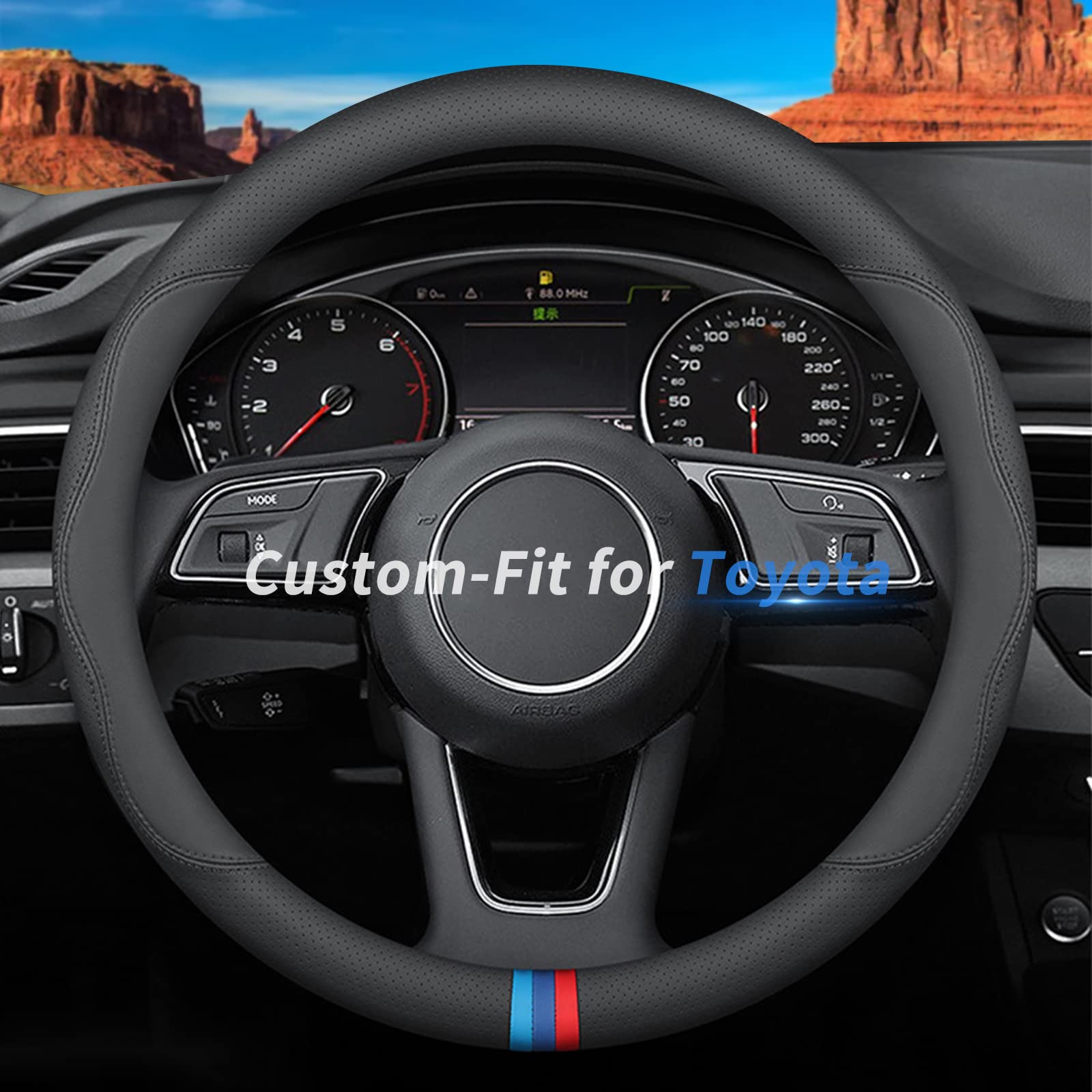 Deer Route Custom-Fit For Toyota Steering Wheel Cover, Premium Leather Car Steering Wheel Cover With Logo, Non-Slip, Breathable, For Toyota Accessories (D-Style,For Toyota)