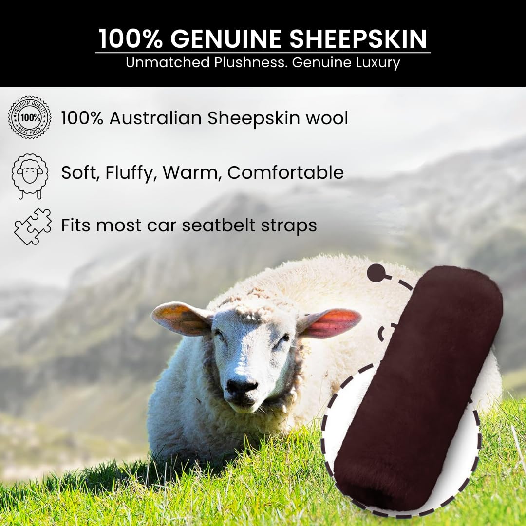 Andalus Brands 2 Pack Genuine Merino Wool Sheepskin Seat Belt Cover - Soft Shoulder Pad, Neck Cushion Protector - Authentic Car