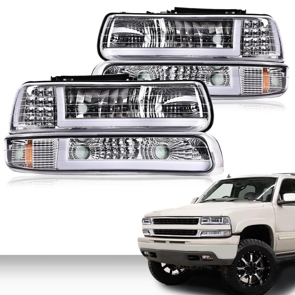 Pit66 Led Drl Headlight Assembly, Compatible With Chevy Silverado 1999-2002 /Fit 00-06 Tahoe Suburban Headlamps & Bumper Lights