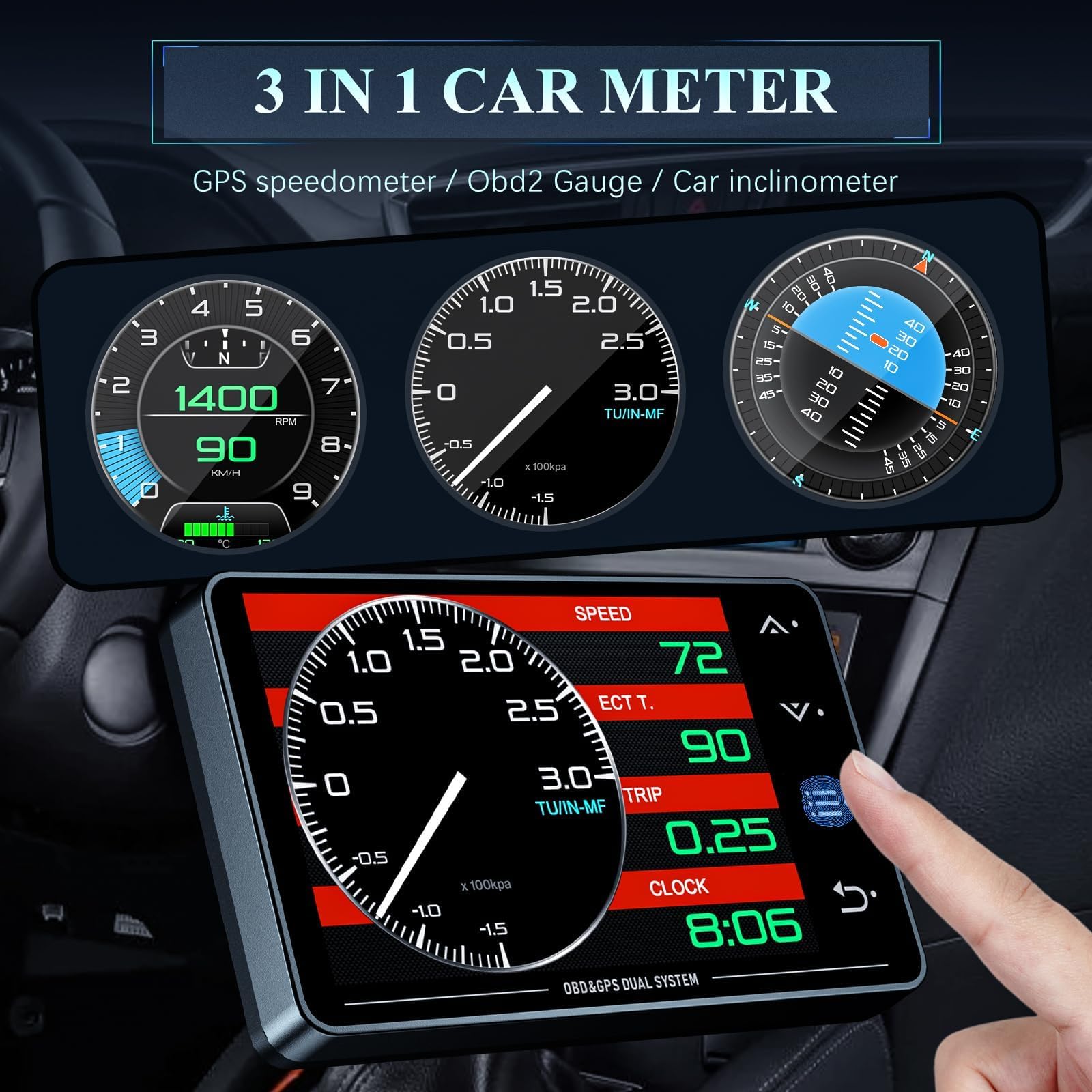 Liiiyuan Obd2 Gauge Display, XS New 1,Heads Up Display with Vehicle Inclinometer, Multi-Function Digital Instrument Cluster with