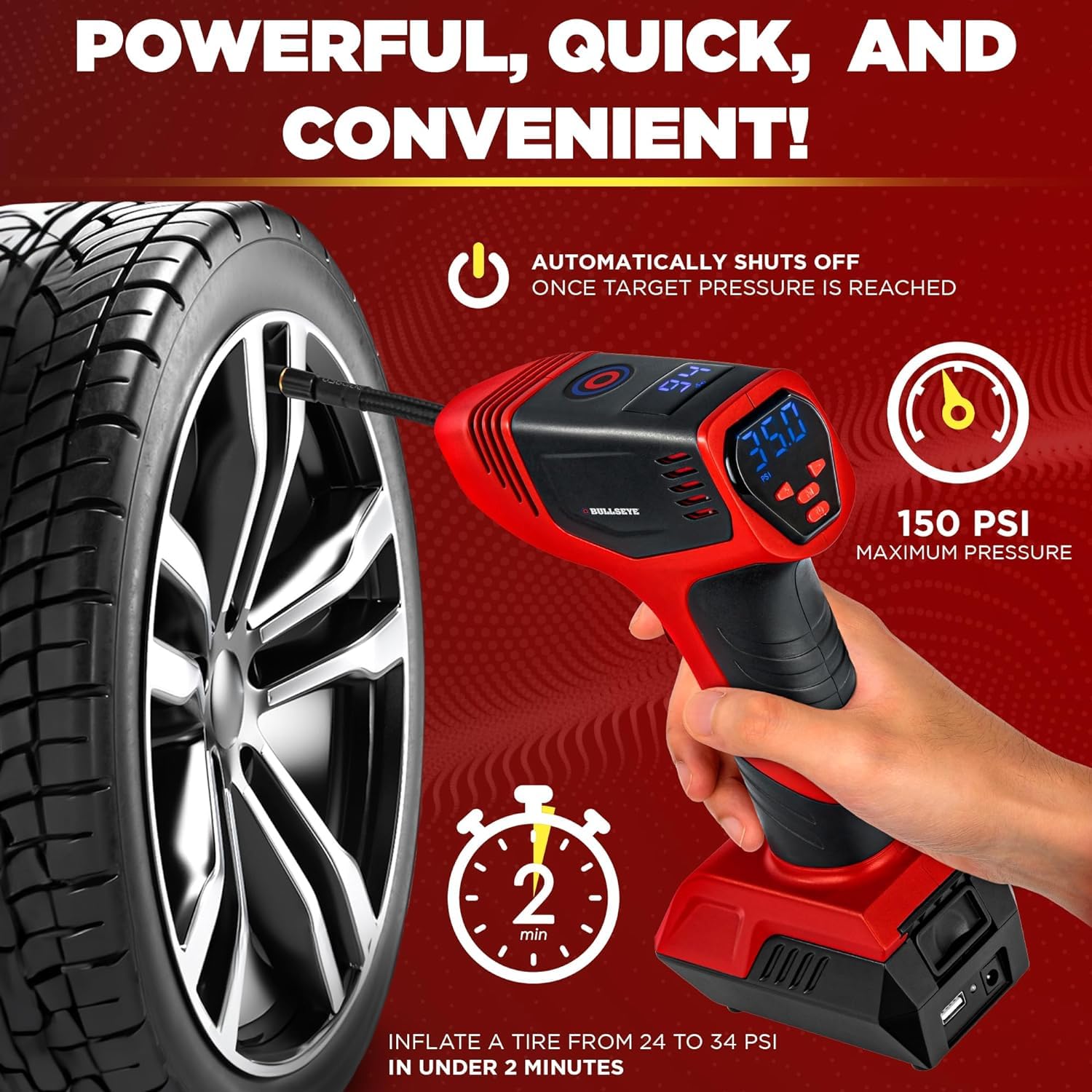 EMSON Bullseye Pro Tire Inflator 150 PSI with Gauge Display & LED Lights, Rechargeable, Red Set of 2