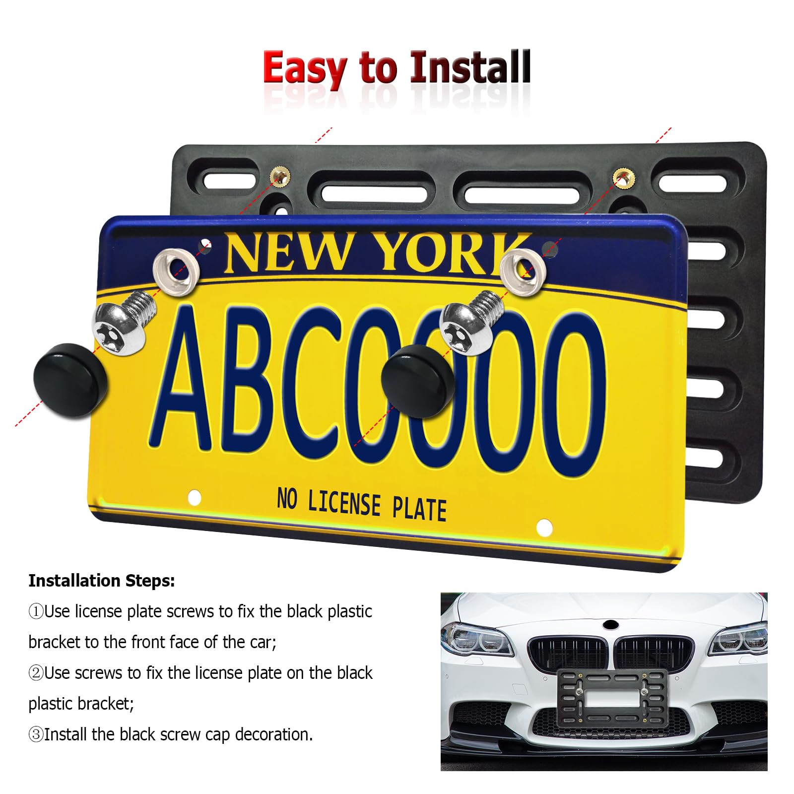BGGTMO Front License Plate Bracket Holder - Front Bumper License Plate Mounting Kit, 2 Drill Holes Universal Car Tag Adapter wit