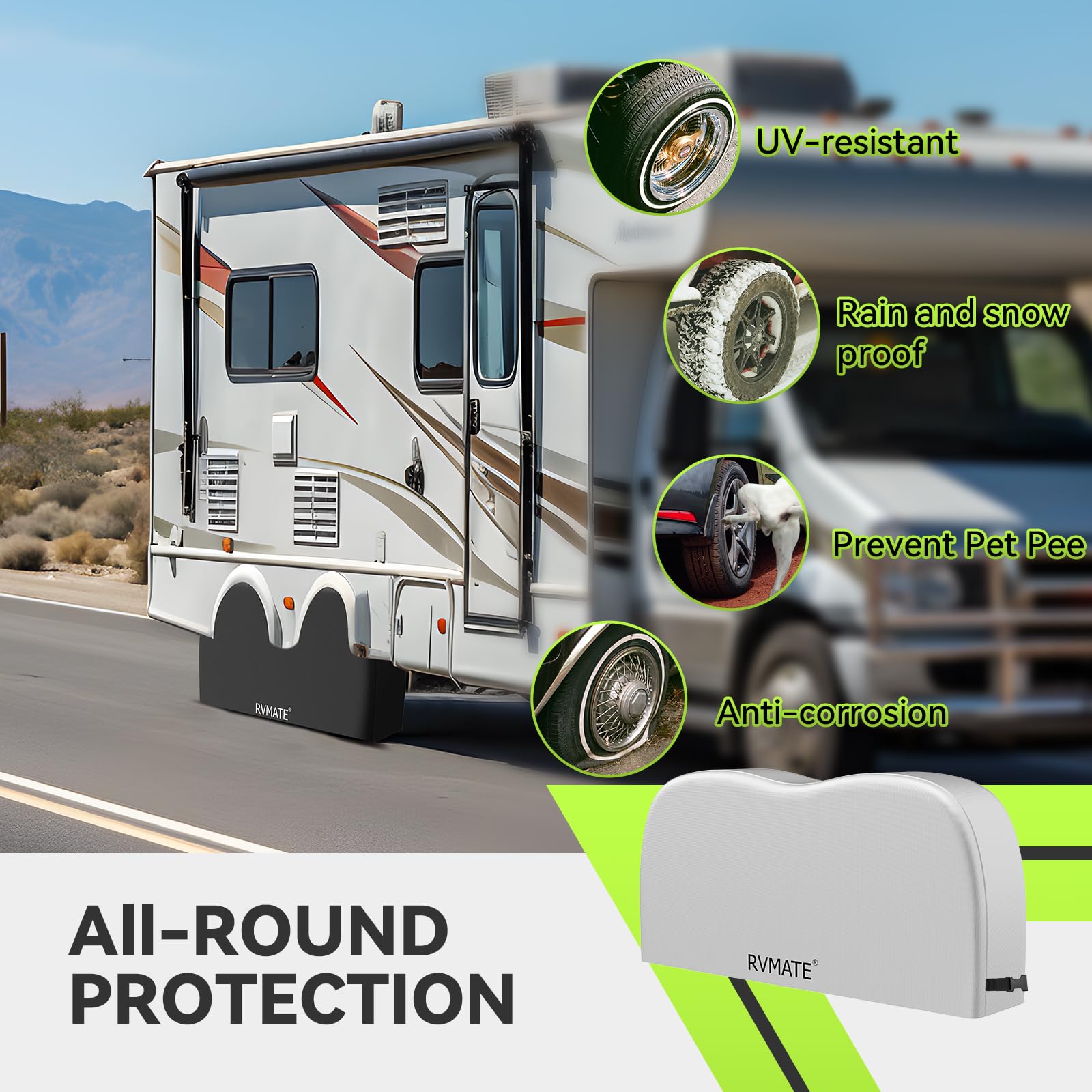 RVMATE RV Tire Covers, Dual Axle Wheel Cover (2 Pack) Fits 27''-30'' Diameter Tires, Waterproof Anti-UV 420D Oxford Silver Dual