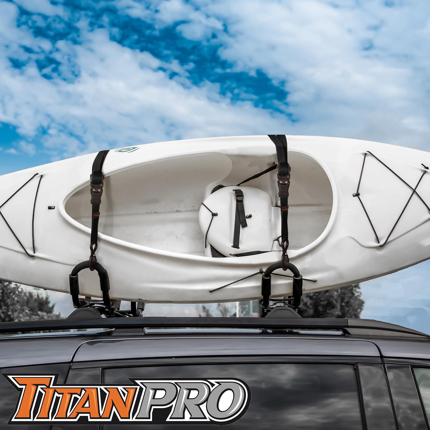 TitanPro Ratchet Tie Down Straps 4-Pack - 2,200lb Test Strength, Premium 1'' x 15' Rachet Tie Downs with Padded Handles | Heavy