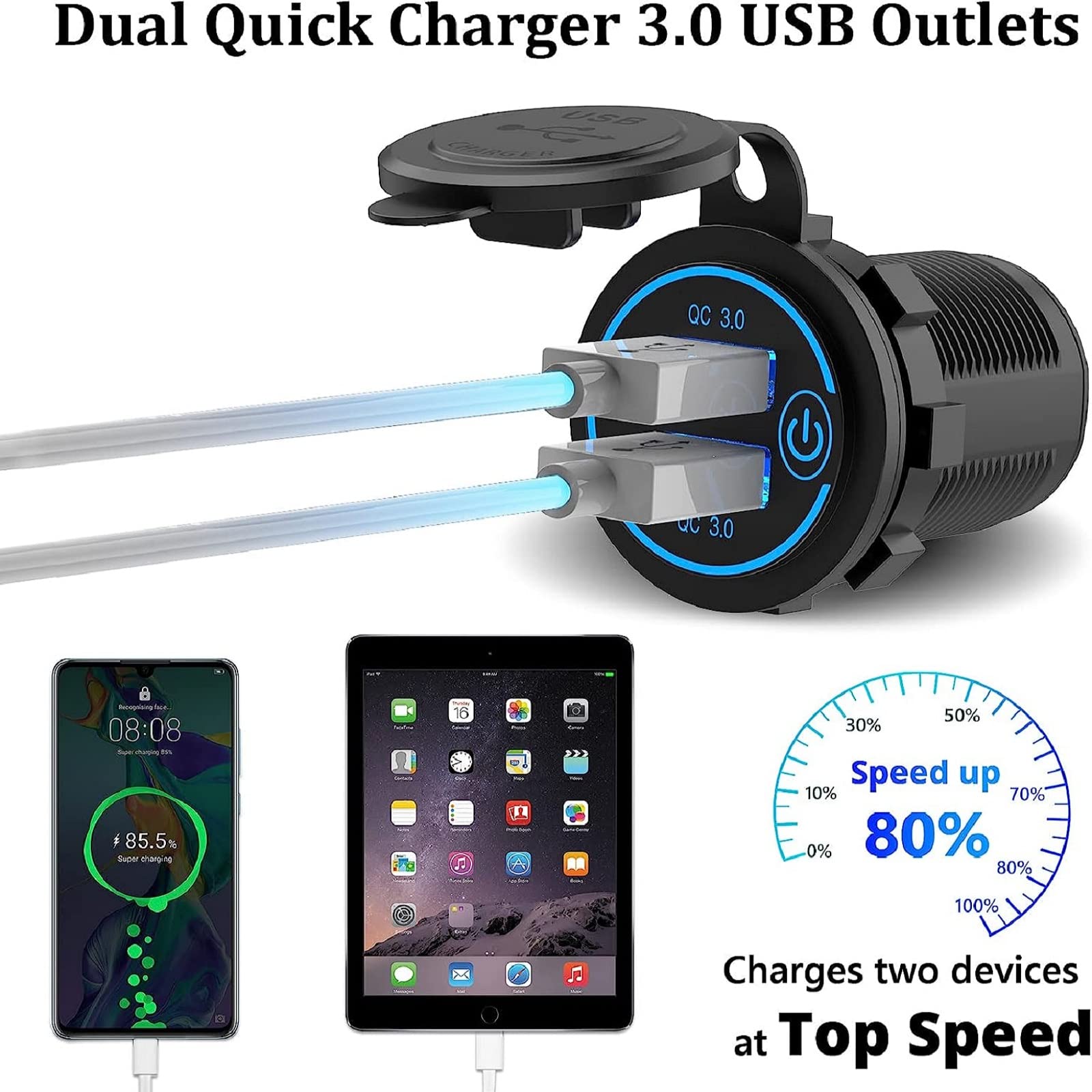 [2 Pack] 12V Usb Outlet, Quick Charge 3.0 Dual Usb Power Outlet With Touch Switch, Waterproof 12V/24V Fast Charge Usb Charger So