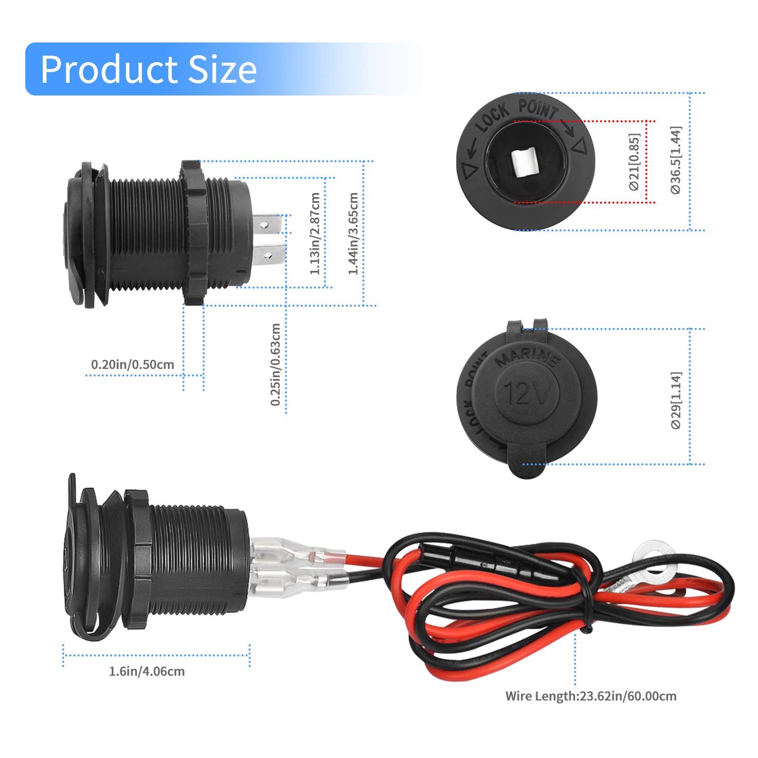 12V Car Cigarette Lighter Socket Waterproof and Dustproof plug socket for Car Truck Motobike Boats Marine ATV, with Fuse & 60cm