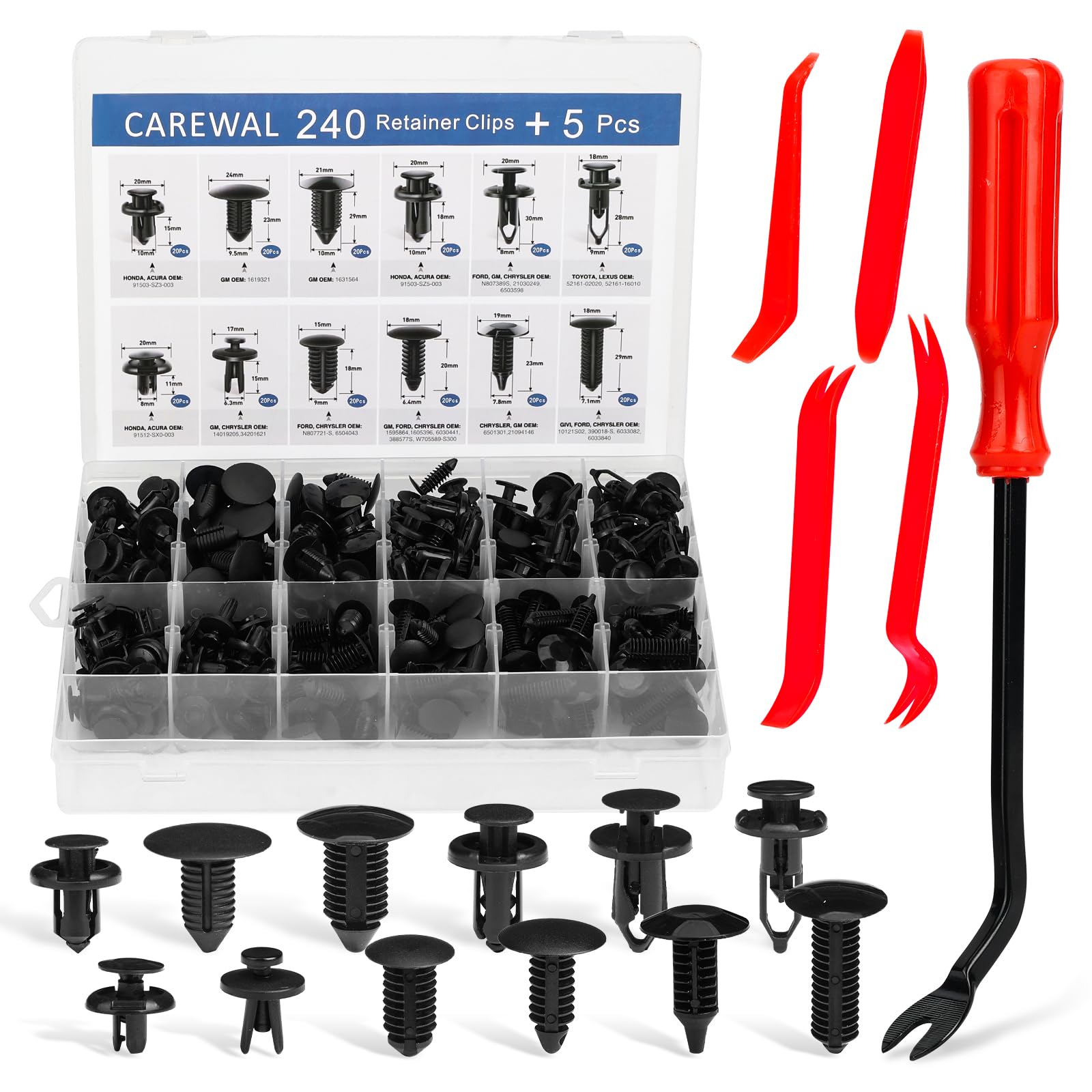 CAREWAL 240 Pcs Bumper Clips Car Clips Plastic Rivets of 16 Most Popular Sizes and 5 Fastener Removers Fasteners Push Retainer K