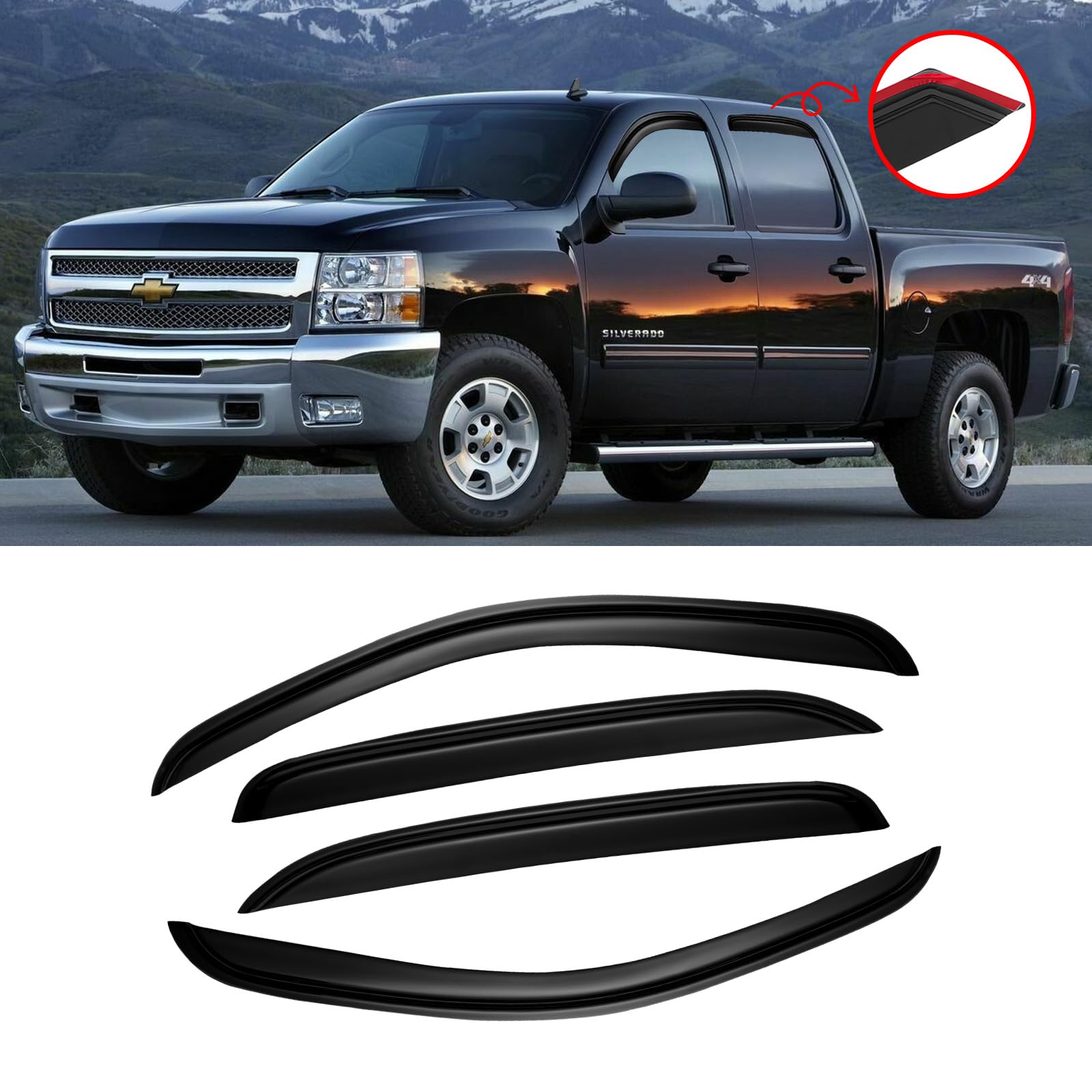 Window Visor For 2007-2013 Chevy Silverado 1500/ Gmc Sierra 1500/ Avalanche/Suburban Crew Cab, Rain Guards Vent Shade Deflector 