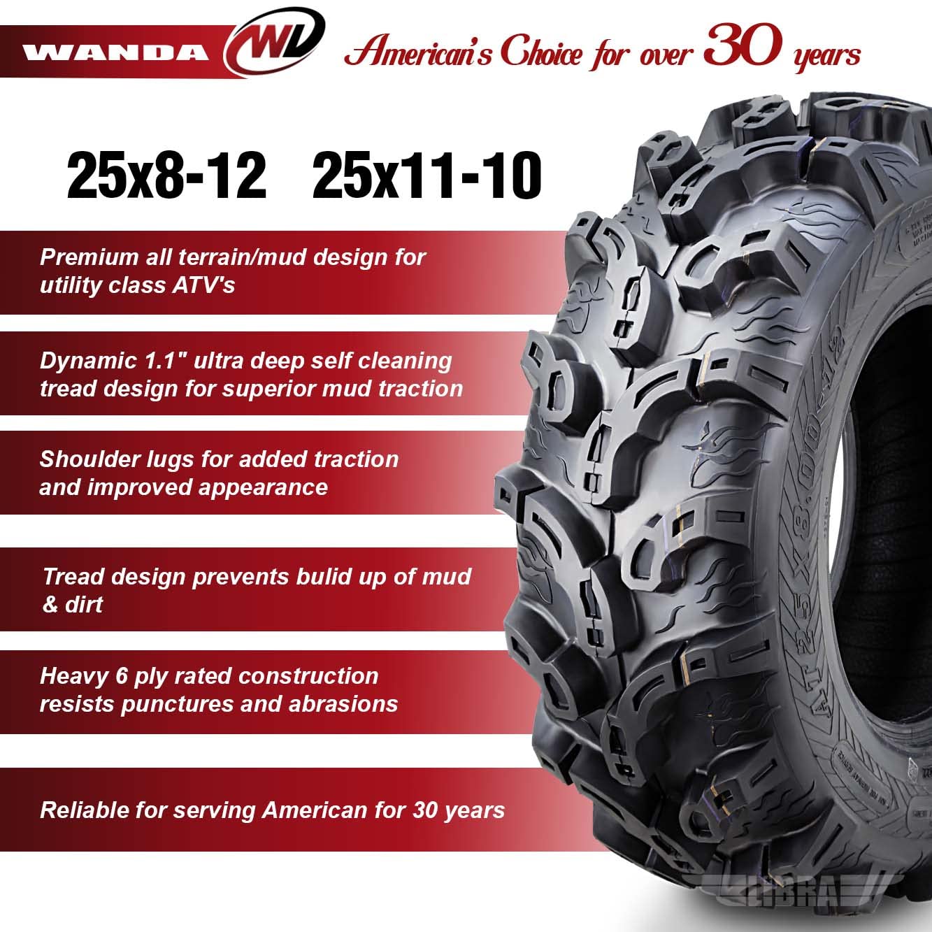 Wanda Set Of 6 Atv Utv Tires (2) 25X8-12 Front & (4) 25X11-10 Rear 6Pr Super Lug Mud