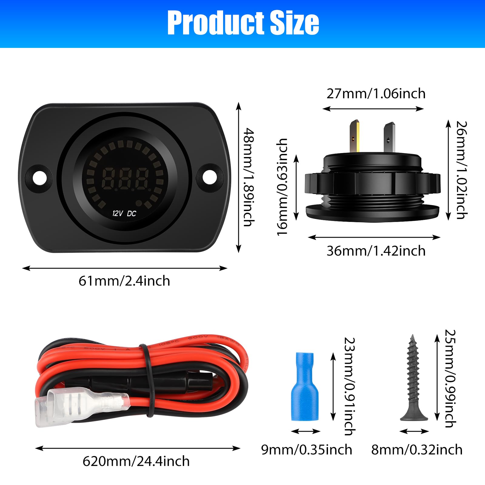 2Pcs Battery Meter, Waterproof Dc 12V Voltmeter Waterproof Led Digital Display Voltage Gauges Round Car Voltmeters Meter Voltage