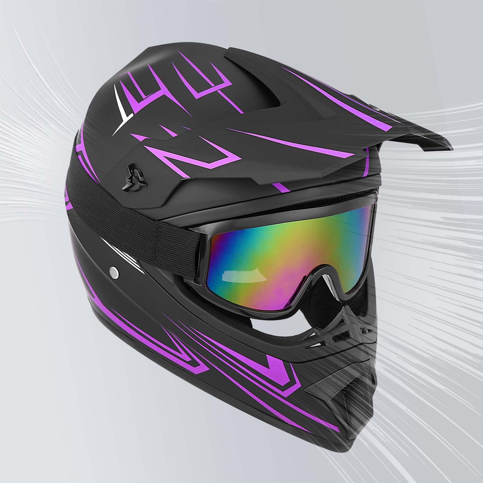 Yesmotor Youth Motocross Helmet Set - DOT Approved, Full Face, Medium, Purple, Includes Gloves, Goggles, Mask