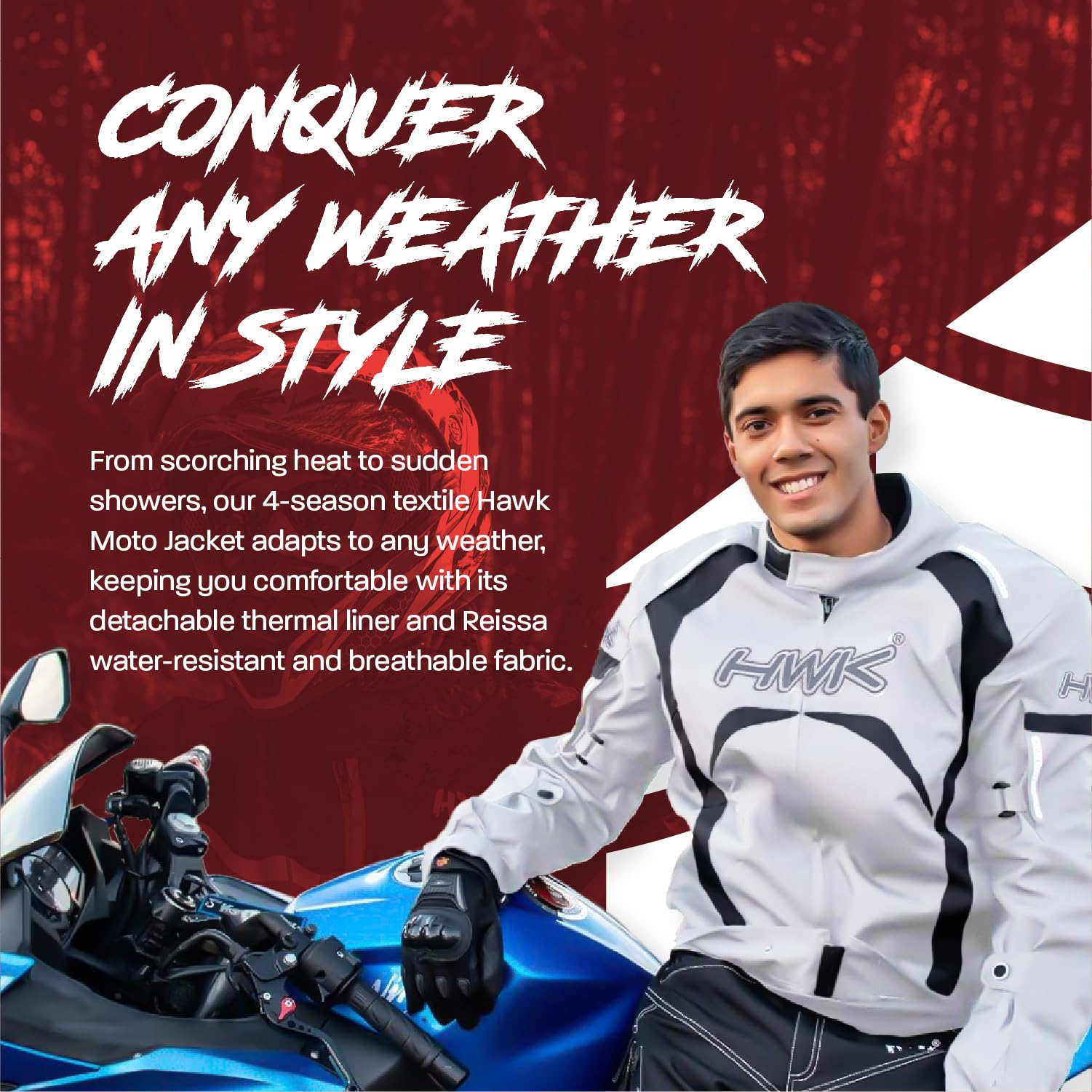 HWK Motorcycle Rain Jacket for Men & Women, Silver, 2XL, Waterproof, CE Armor, Adjustable Riding Gear, Model R-1