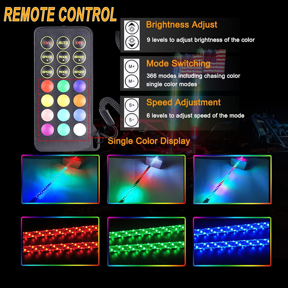 Beatto 4Ft(1.2M) Rf Remote Control Rgb Led Whips With Dancing/Chasing Light Antenna For Off-Road Vehicles Atv Utv Rzr Jeep Truck