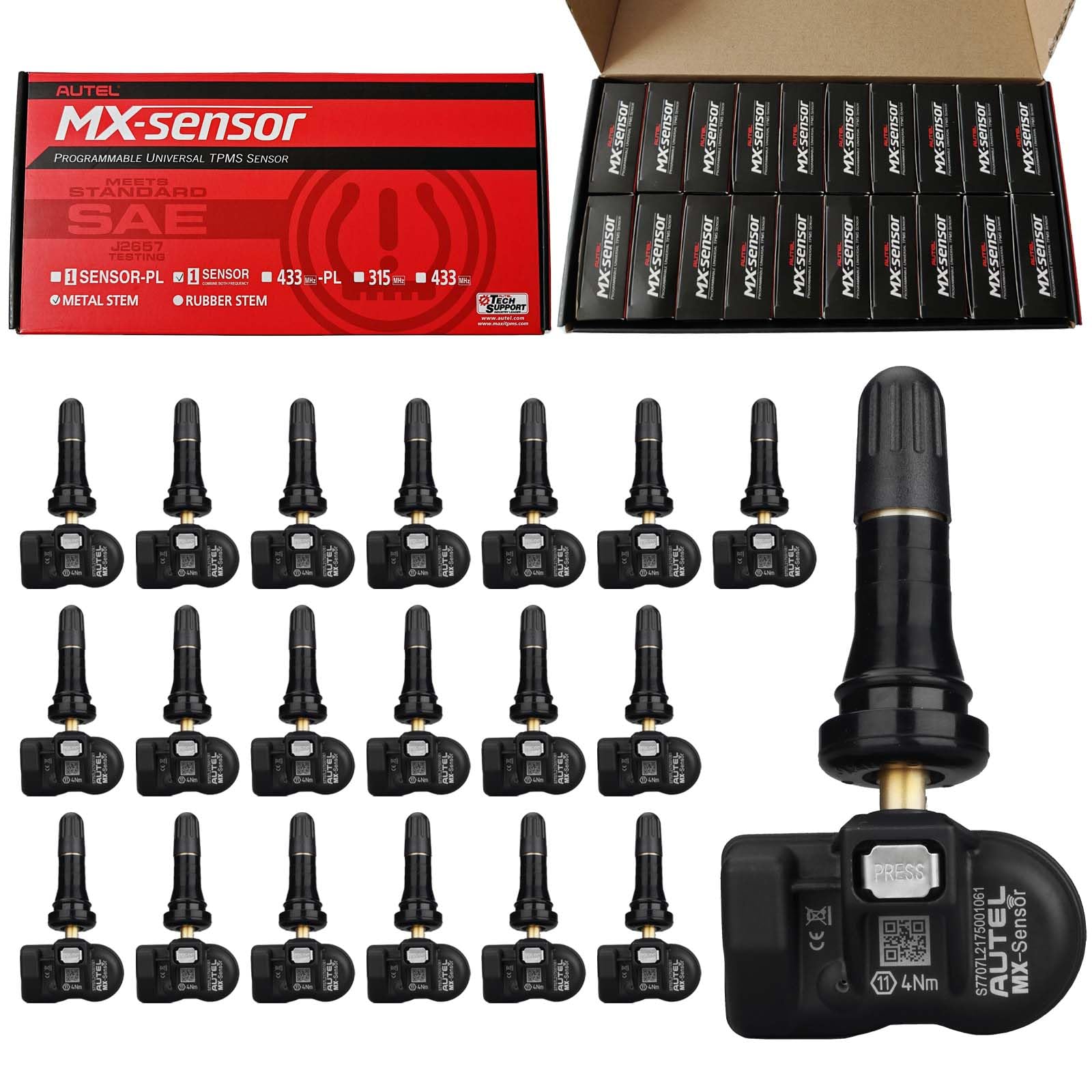 Autel TPMS Sensors - Programmable MX Sensors, 315MHz/433MHz, Universal (20 pcs, Rubber Valves), Programmed by TPMS Tool TS408/TS