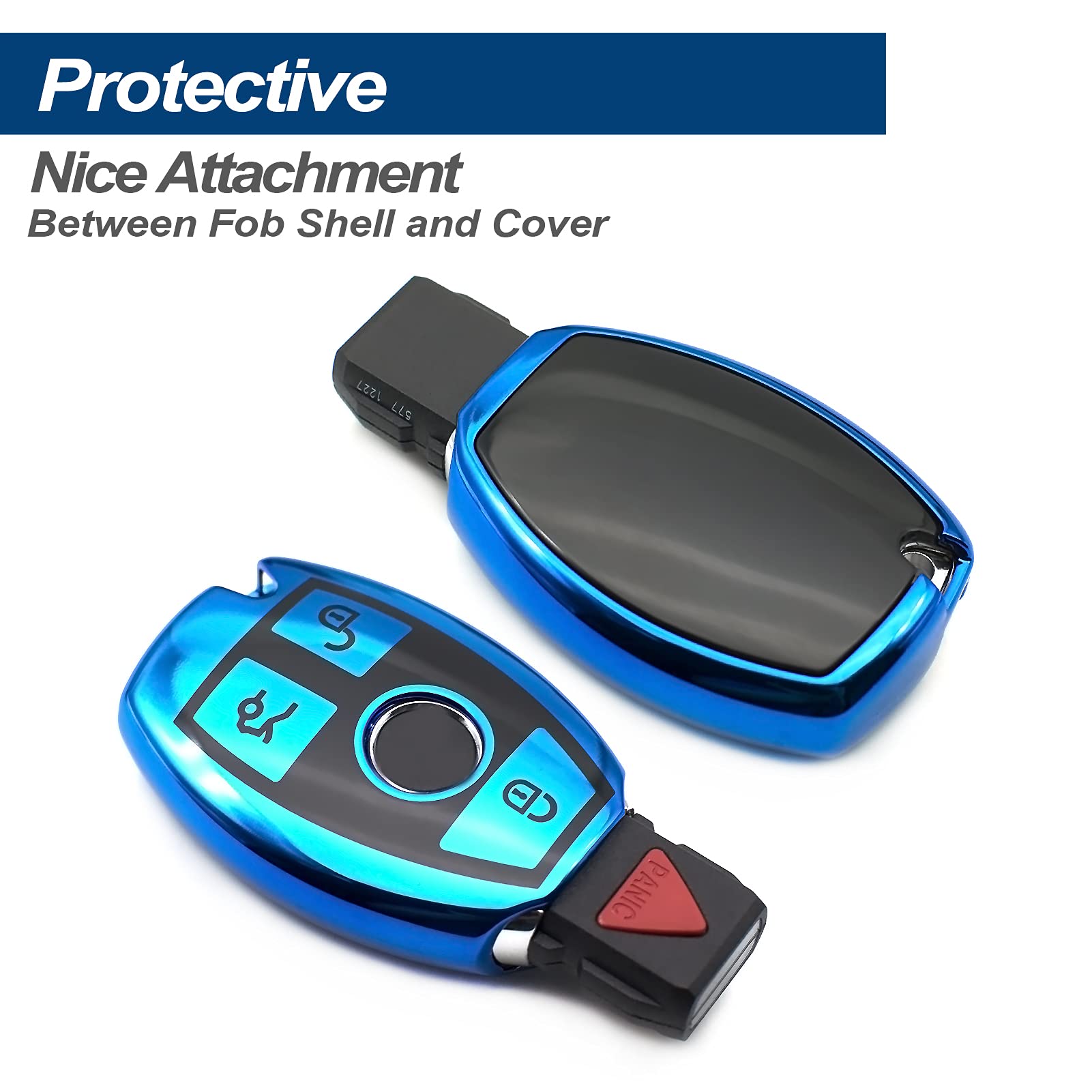 INFIPAR Key Fob Cover Case for Mercedes Benz - TPU, Universal Size, Blue, Model IP1422, with Key Chain