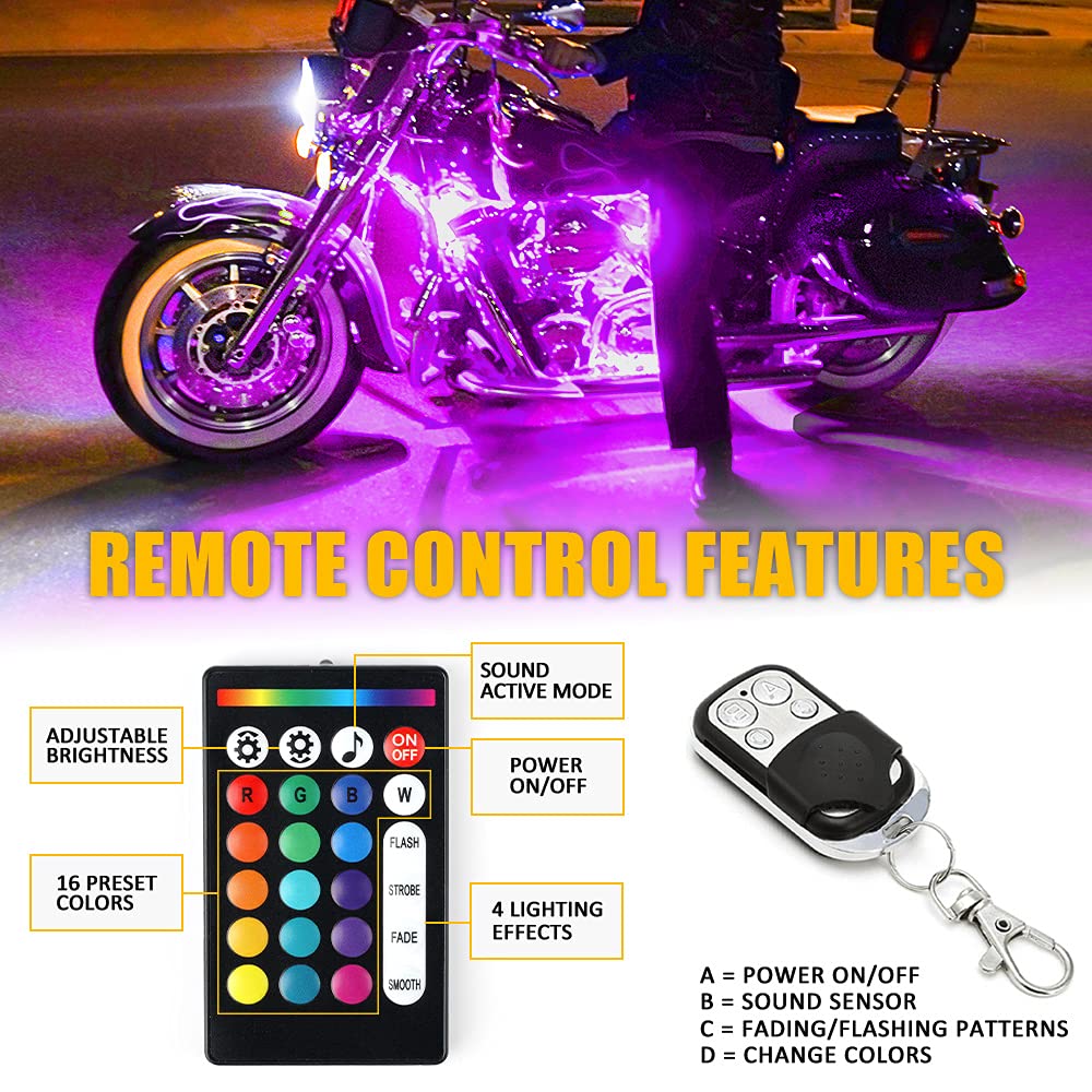 Xprite Motorcycle RGB LED Light Kit Waterproof w/Wireless Remote Control Underglow Neon Lights Strips Red Brake Lamp Function fo