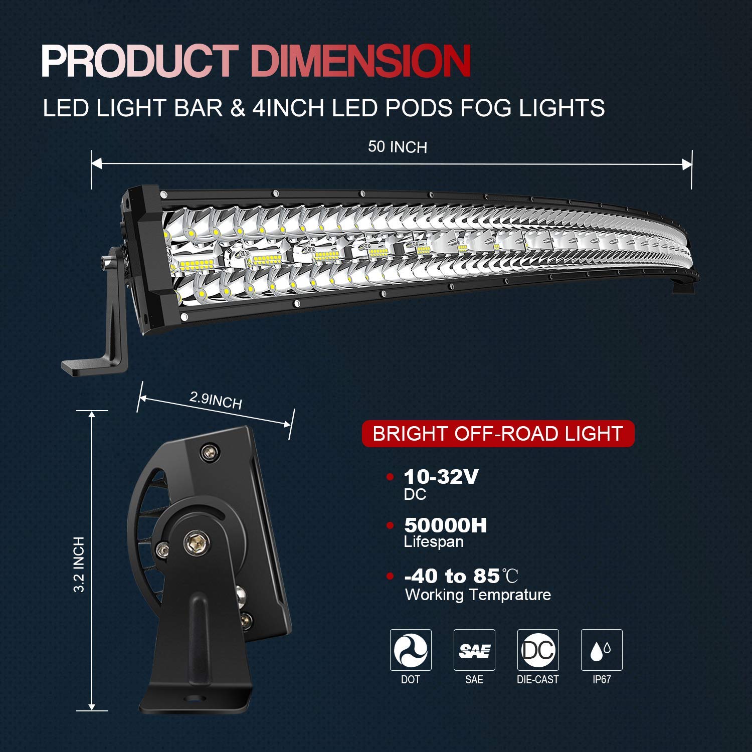 50'' Led Light Bar Curved Dakride Triple Row 1032W Flood Spot Combo Beam Off Road Lights 2Pc 4Inch 60W Spot Driving Fog Lights W